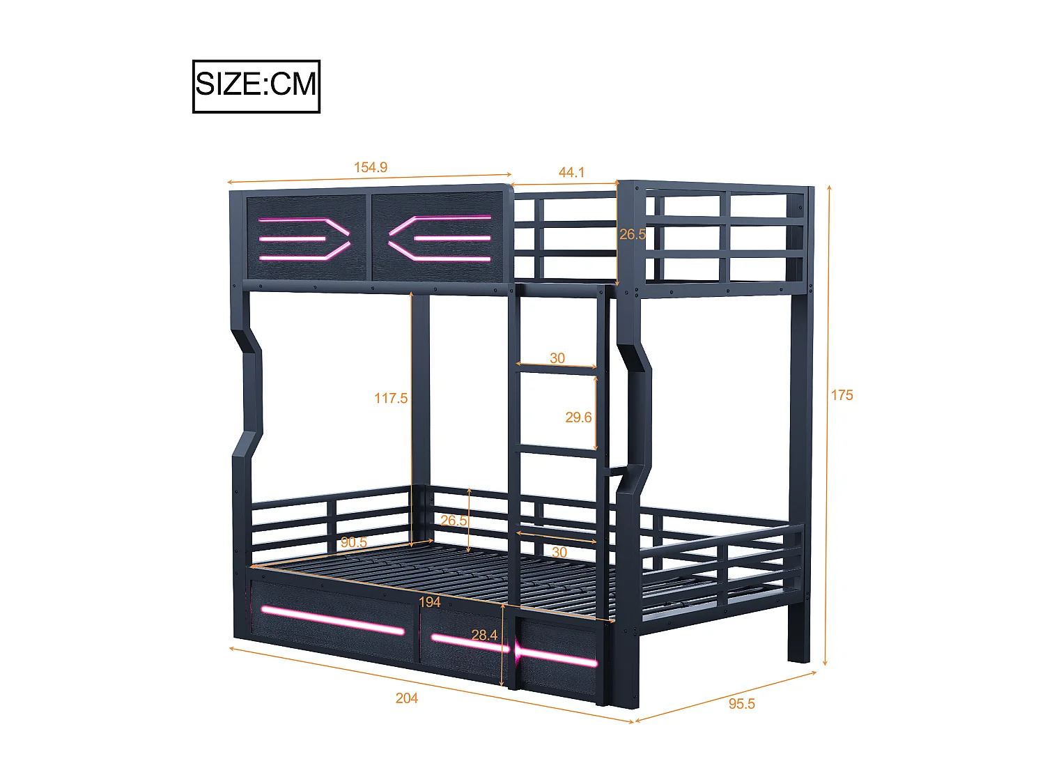 Etagenbett aus Schmiedeeisen für Kinder – 2 x 90 x 200 cm – mit LEDs und Sicherheitsgeländer – MDF und Metall – schwarz