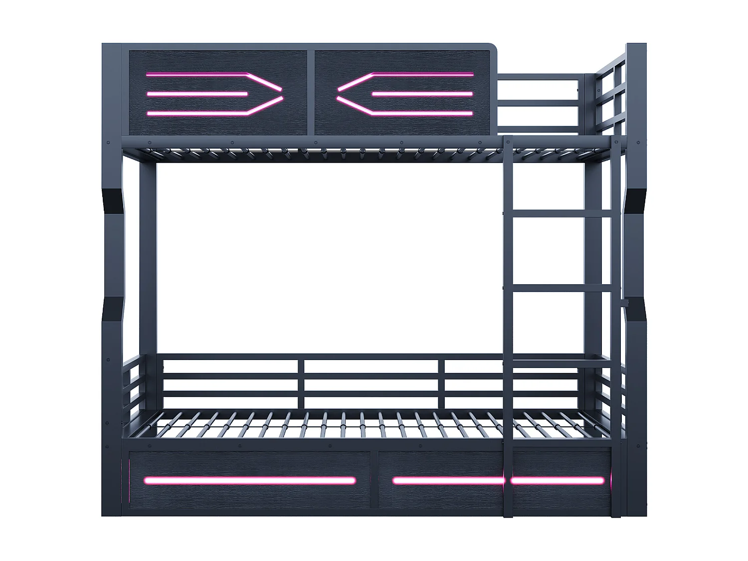 Etagenbett aus Schmiedeeisen für Kinder – 2 x 90 x 200 cm – mit LEDs und Sicherheitsgeländer – MDF und Metall – schwarz