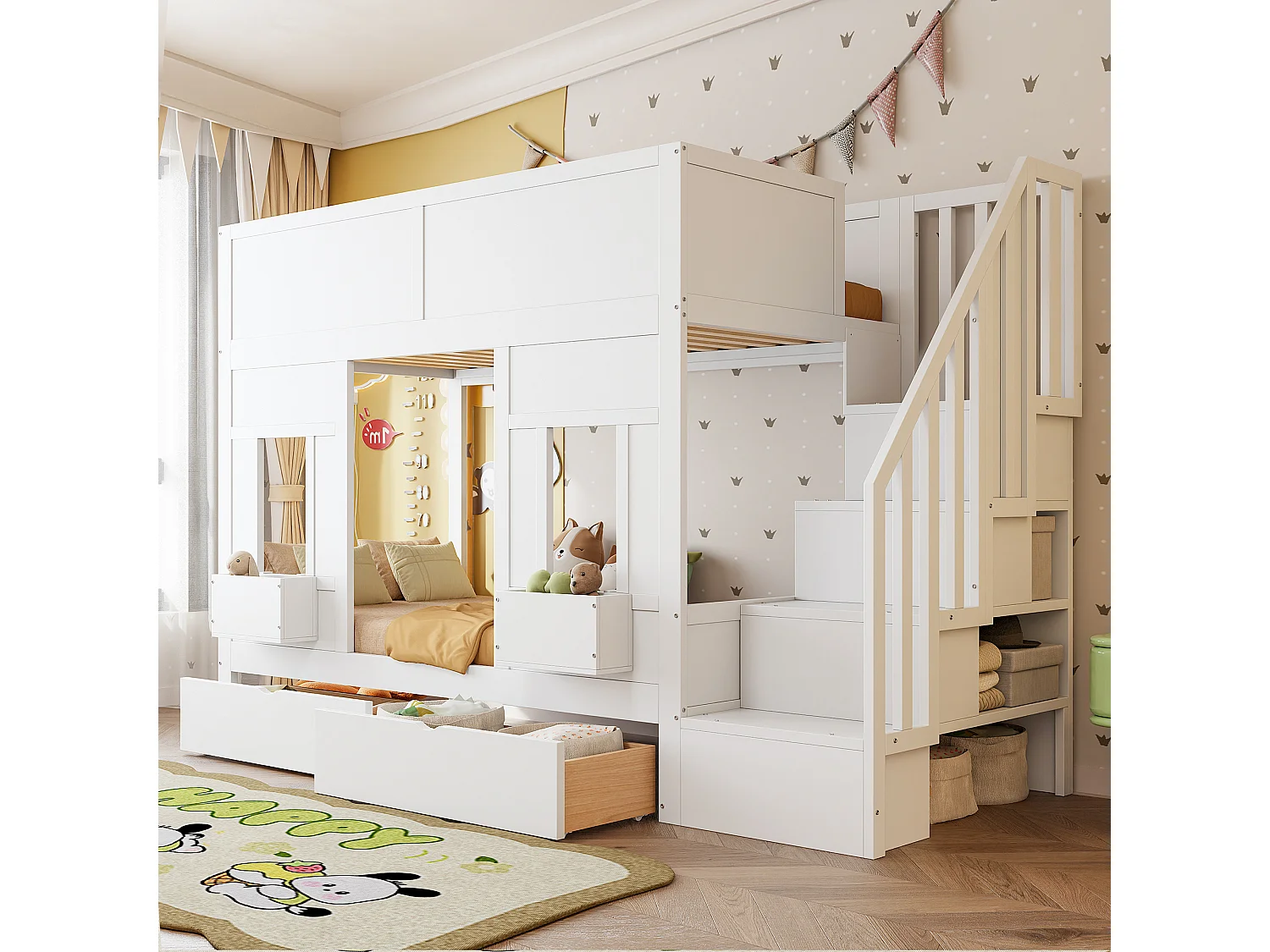 Kinderstapelbed - 2 x 90 x 200 cm - met opbergtrap + lades + veiligheidsrail - hout - wit