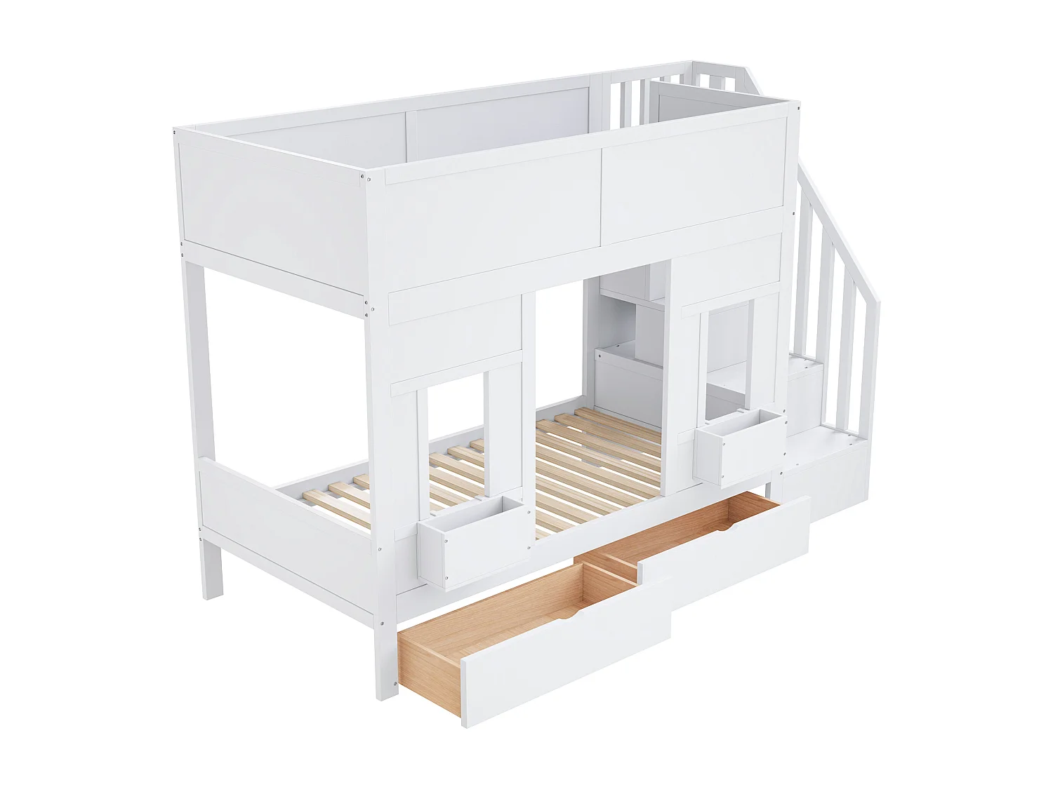 Kinderstapelbed - 2 x 90 x 200 cm - met opbergtrap + lades + veiligheidsrail - hout - wit