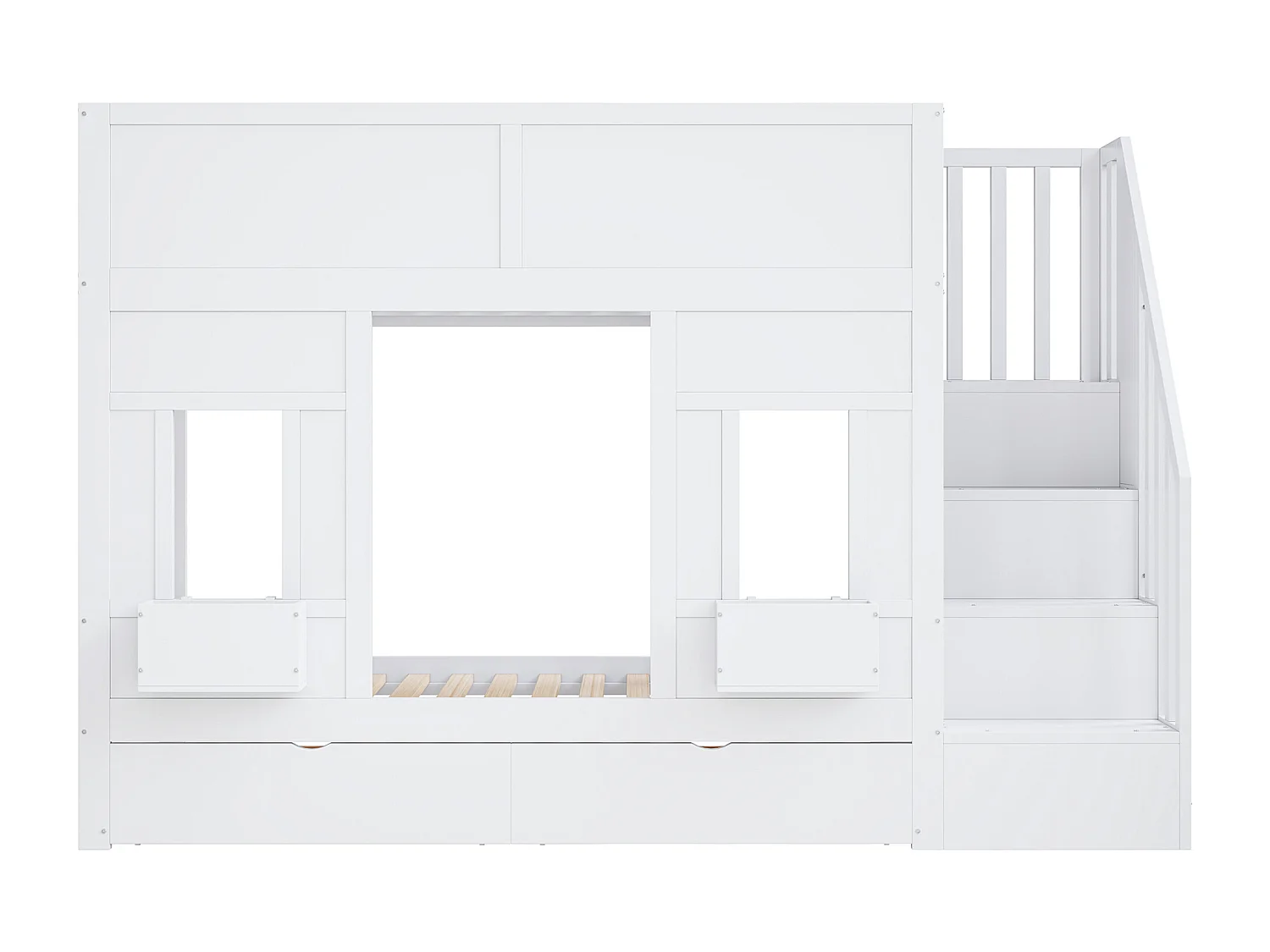 Kinderstapelbed - 2 x 90 x 200 cm - met opbergtrap + lades + veiligheidsrail - hout - wit