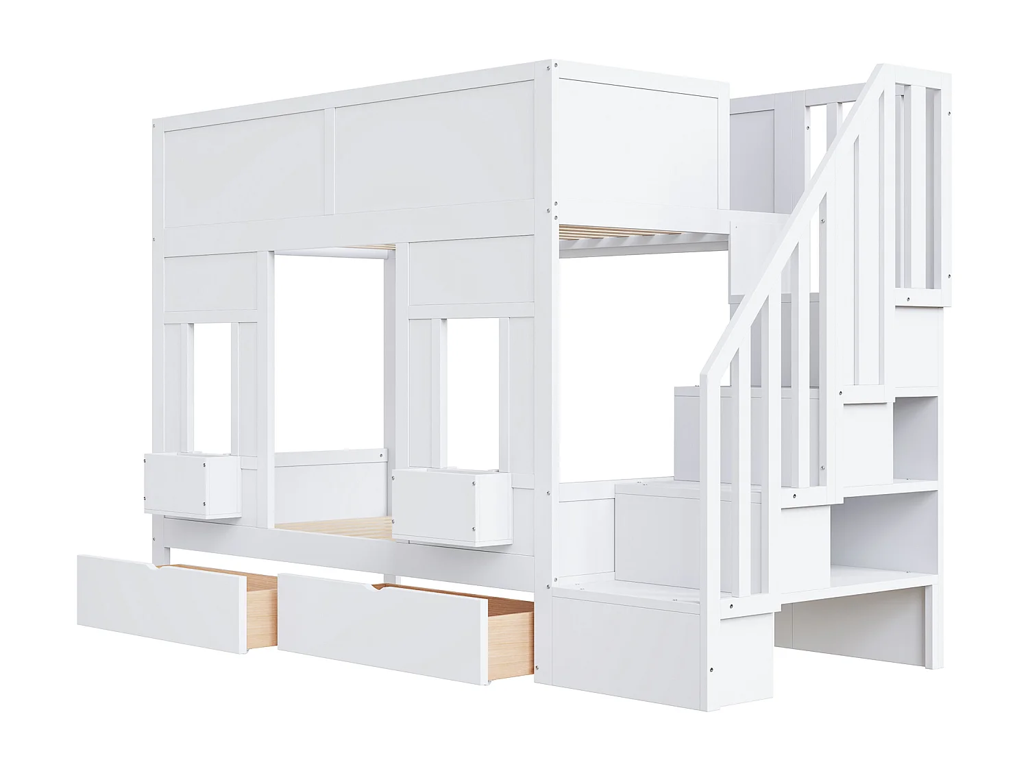 Kinderstapelbed - 2 x 90 x 200 cm - met opbergtrap + lades + veiligheidsrail - hout - wit