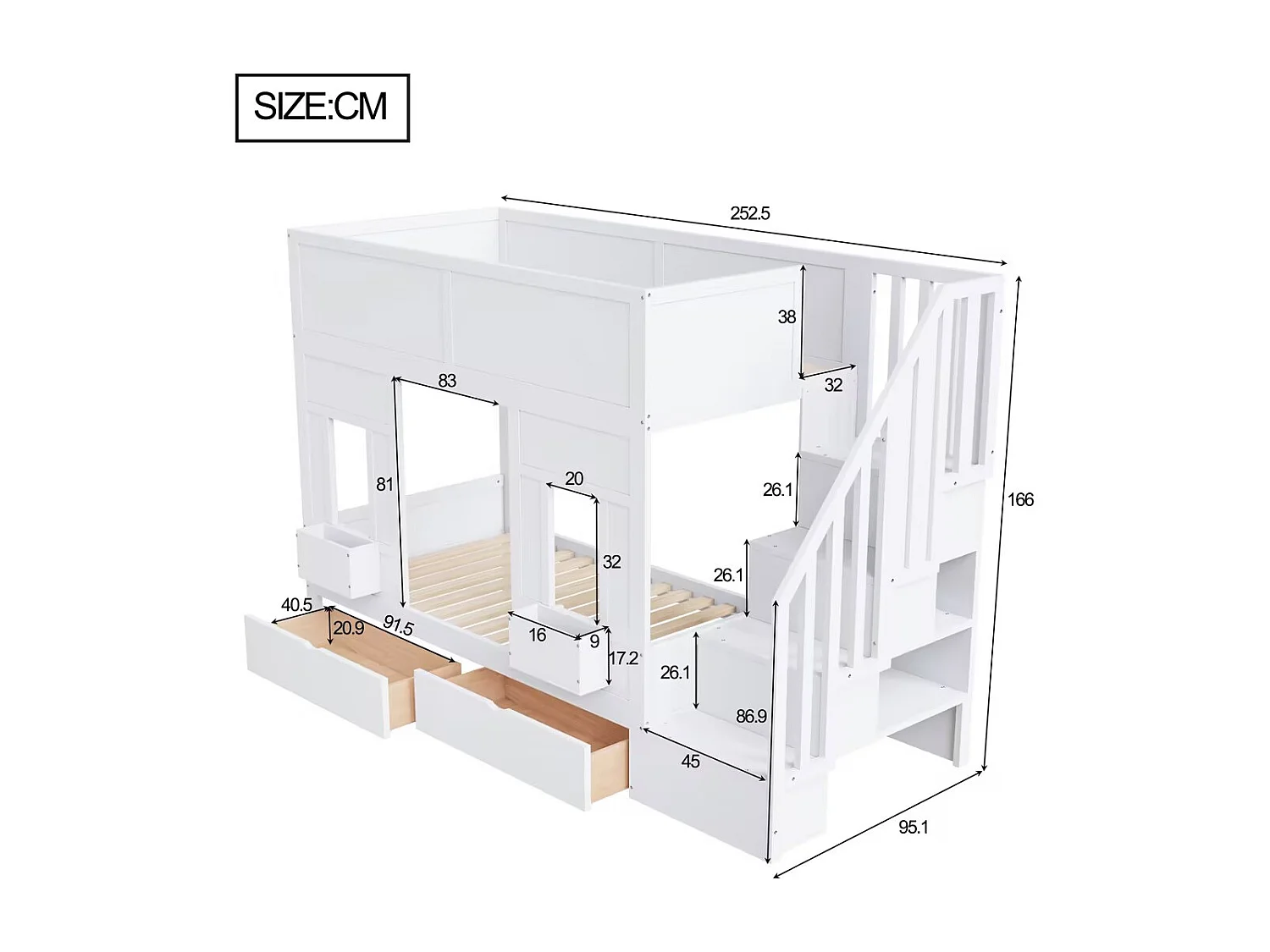 Kinderstapelbed - 2 x 90 x 200 cm - met opbergtrap + lades + veiligheidsrail - hout - wit