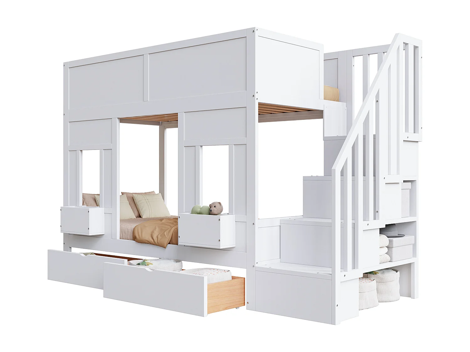 Kinderstapelbed - 2 x 90 x 200 cm - met opbergtrap + lades + veiligheidsrail - hout - wit