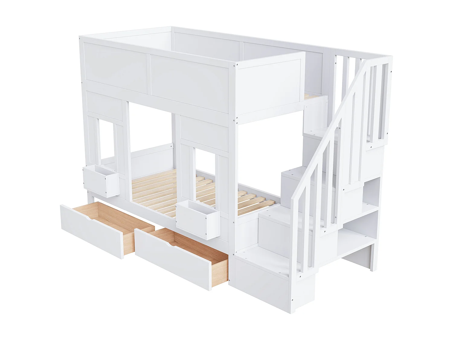 Kinderstapelbed - 2 x 90 x 200 cm - met opbergtrap + lades + veiligheidsrail - hout - wit