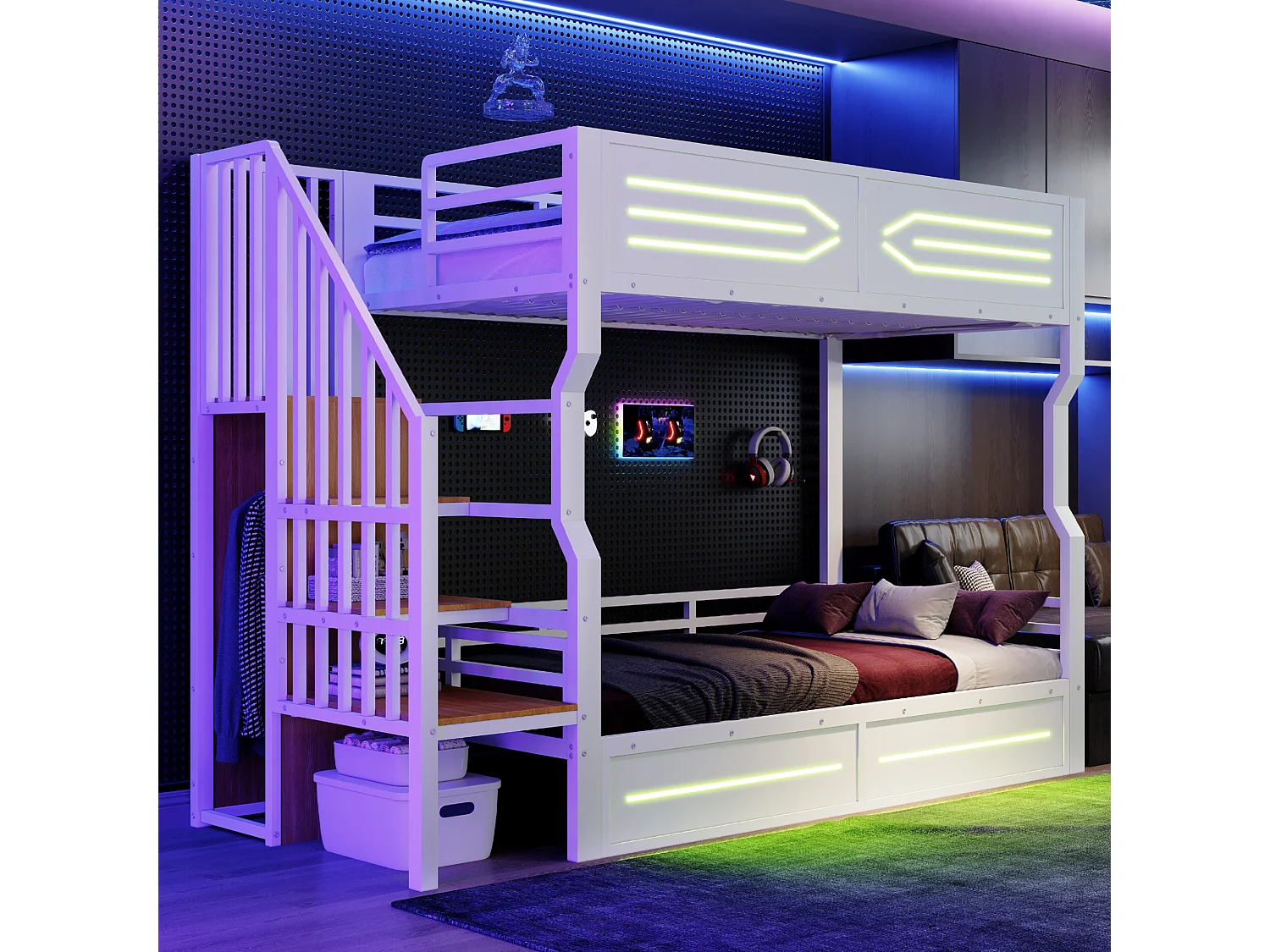 Smeedijzeren stapelbed voor kinderen - 2 x 90 x 200 cm - met LED-verlichting + opbergladder - MDF + metaal - wit
