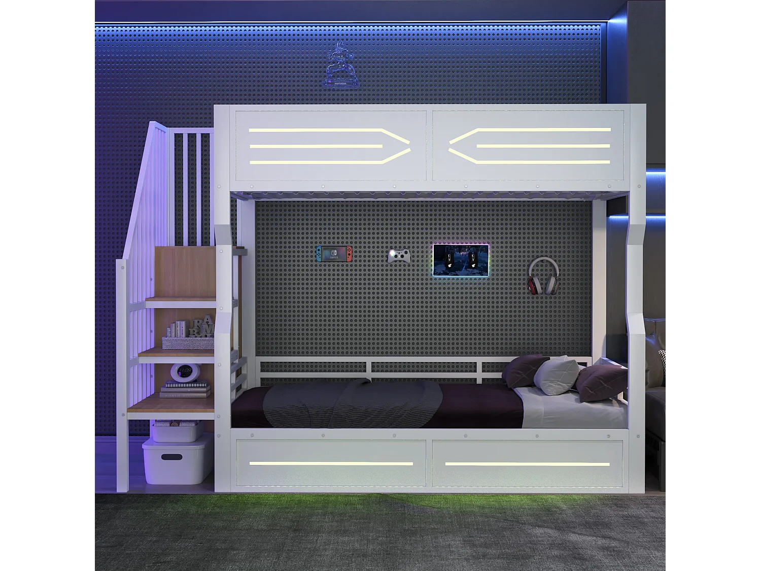 Smeedijzeren stapelbed voor kinderen - 2 x 90 x 200 cm - met LED-verlichting + opbergladder - MDF + metaal - wit