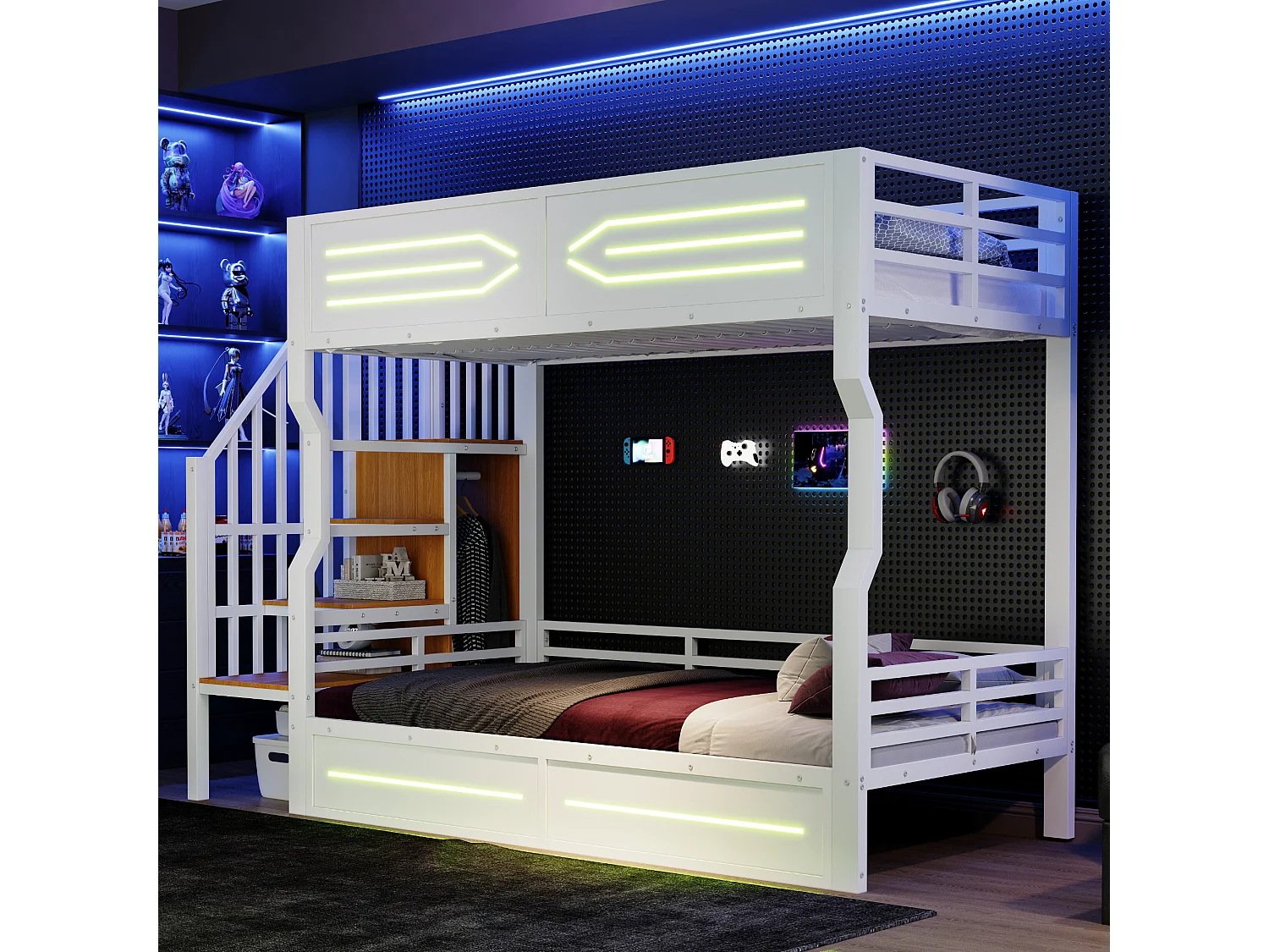 Smeedijzeren stapelbed voor kinderen - 2 x 90 x 200 cm - met LED-verlichting + opbergladder - MDF + metaal - wit