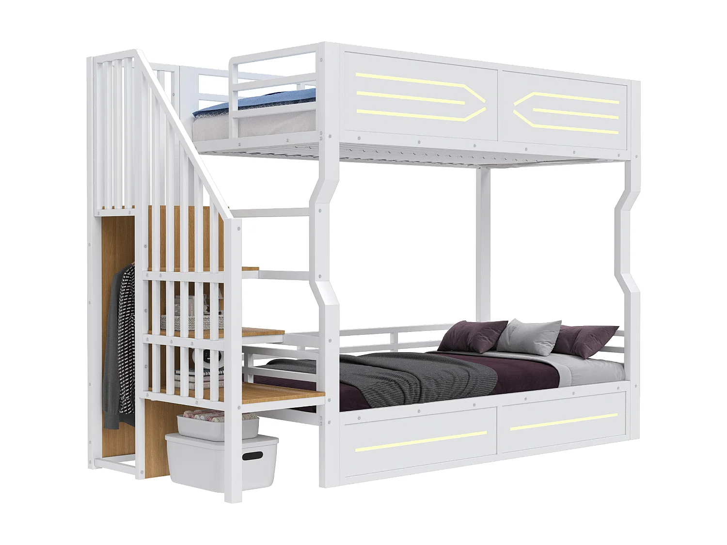 Smeedijzeren stapelbed voor kinderen - 2 x 90 x 200 cm - met LED-verlichting + opbergladder - MDF + metaal - wit