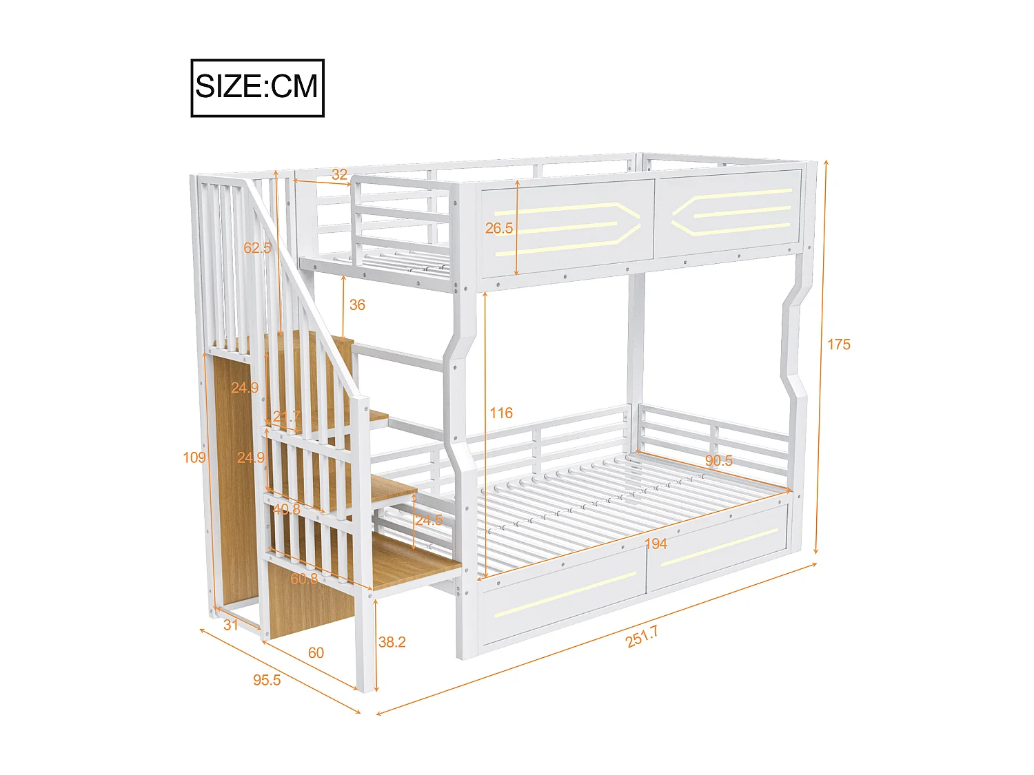 Smeedijzeren stapelbed voor kinderen - 2 x 90 x 200 cm - met LED-verlichting + opbergladder - MDF + metaal - wit