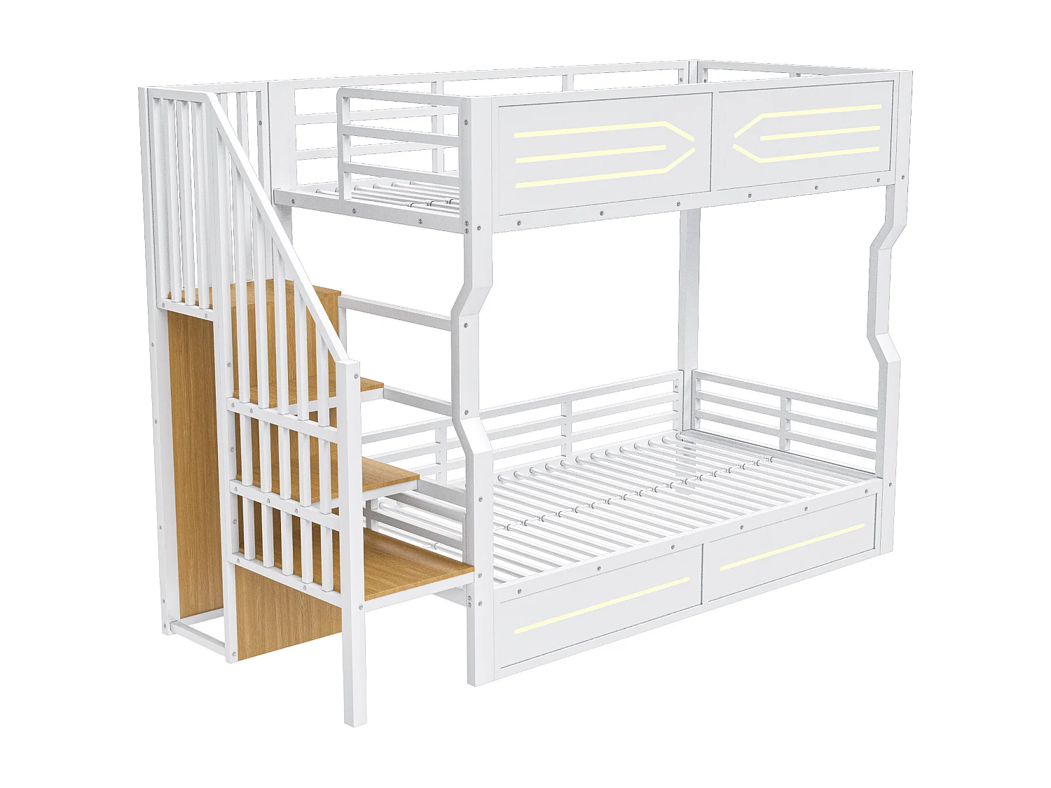 Smeedijzeren stapelbed voor kinderen - 2 x 90 x 200 cm - met LED-verlichting + opbergladder - MDF + metaal - wit