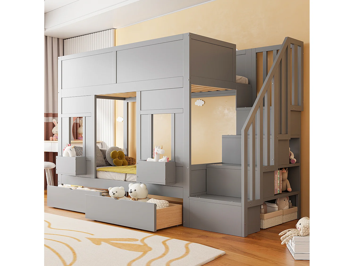 Kinderstapelbed - 2 x 90 x 200 cm - met opbergladder + lades + veiligheidsrail - hout - grijs
