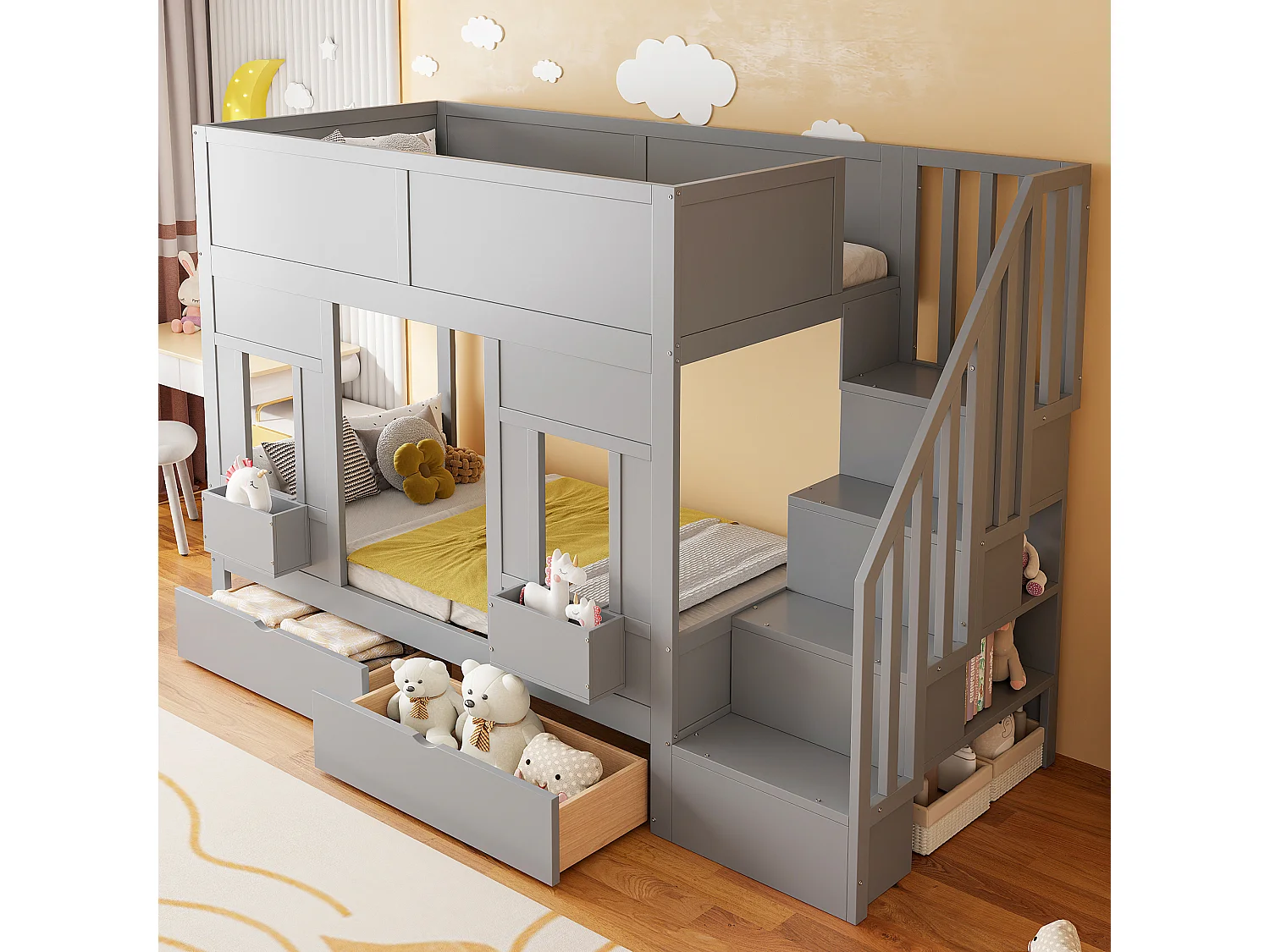 Kinderstapelbed - 2 x 90 x 200 cm - met opbergladder + lades + veiligheidsrail - hout - grijs