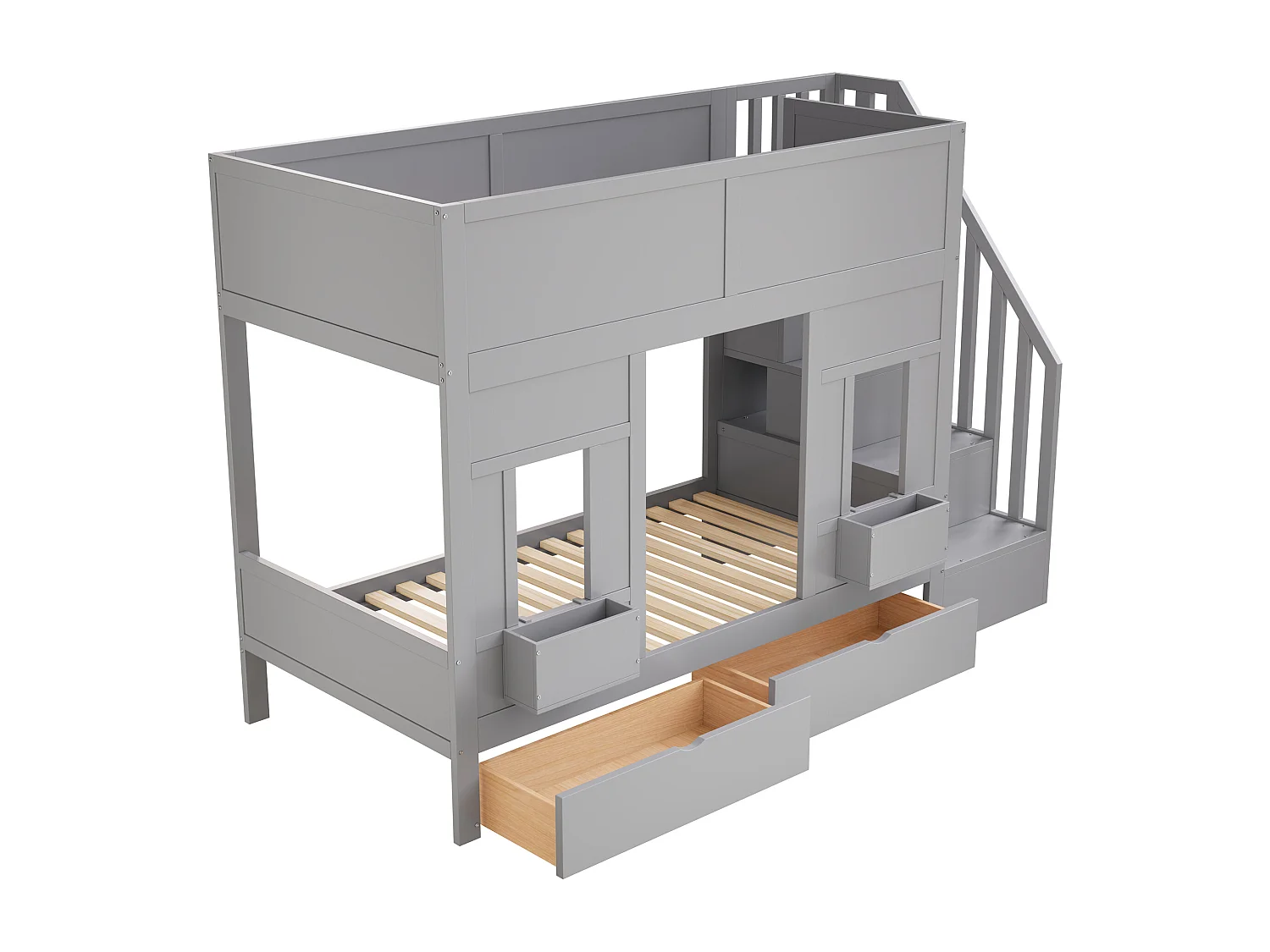 Kinderstapelbed - 2 x 90 x 200 cm - met opbergladder + lades + veiligheidsrail - hout - grijs