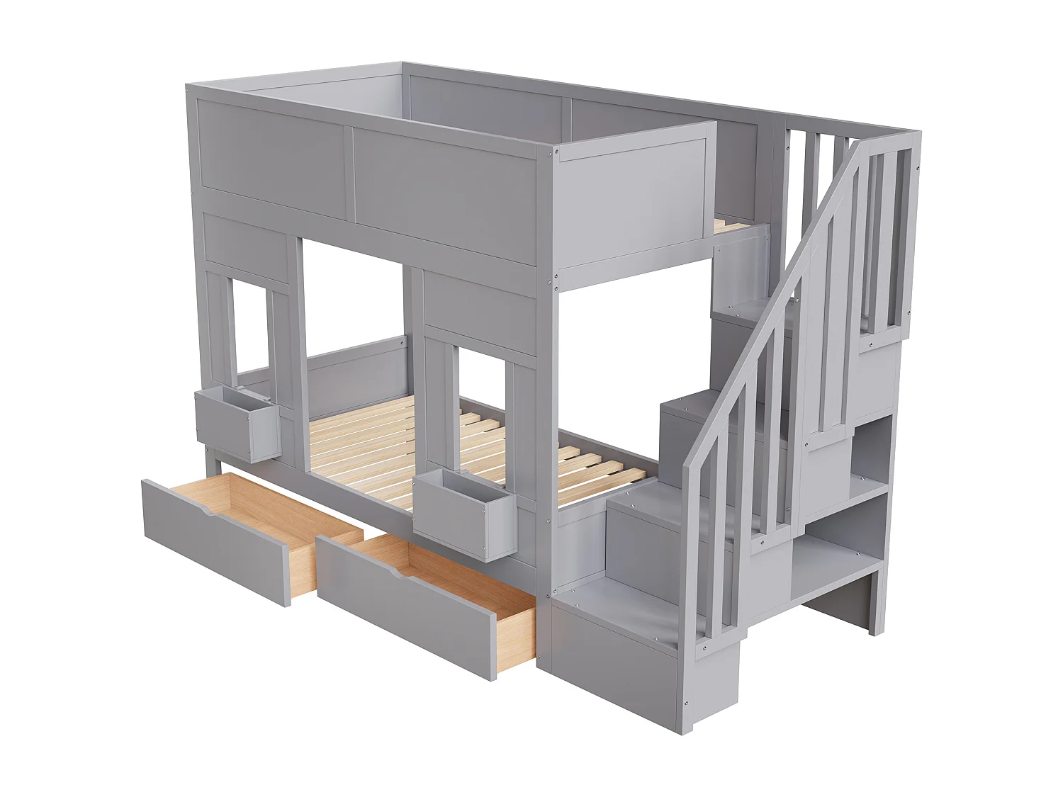 Kinderstapelbed - 2 x 90 x 200 cm - met opbergladder + lades + veiligheidsrail - hout - grijs