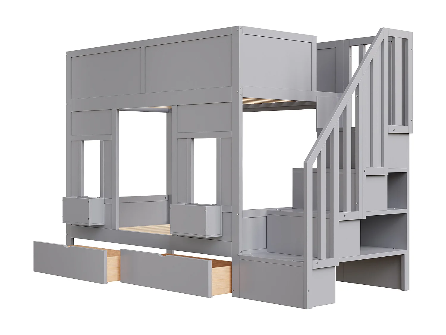 Kinderstapelbed - 2 x 90 x 200 cm - met opbergladder + lades + veiligheidsrail - hout - grijs