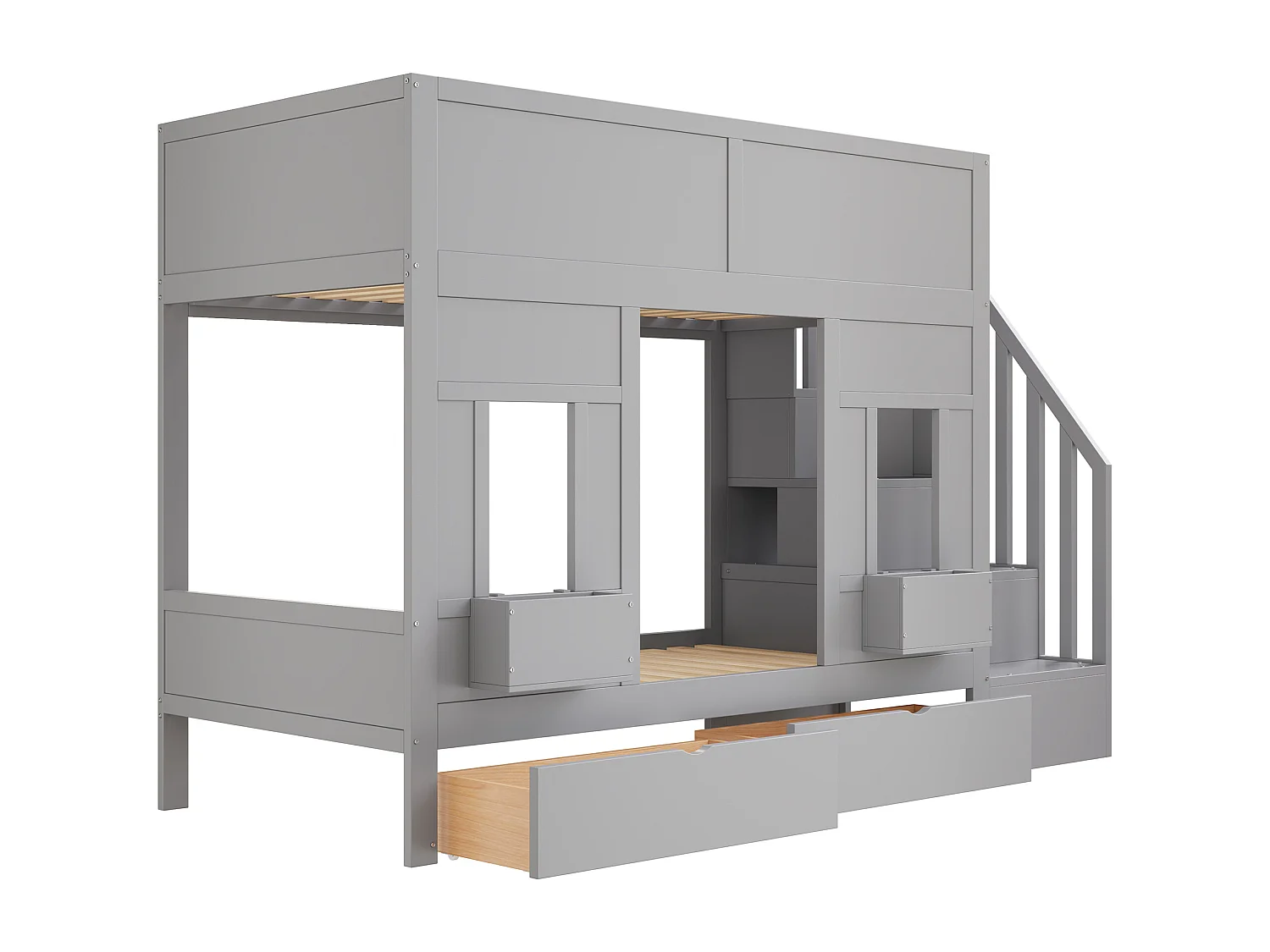 Kinderstapelbed - 2 x 90 x 200 cm - met opbergladder + lades + veiligheidsrail - hout - grijs