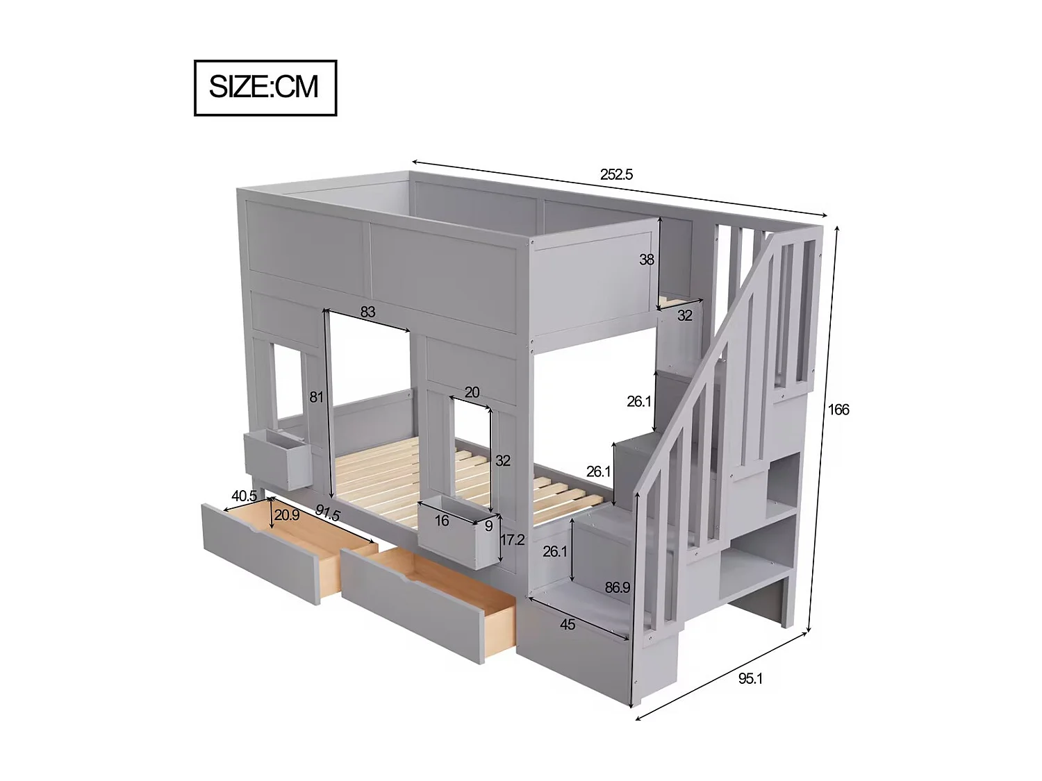 Kinderstapelbed - 2 x 90 x 200 cm - met opbergladder + lades + veiligheidsrail - hout - grijs
