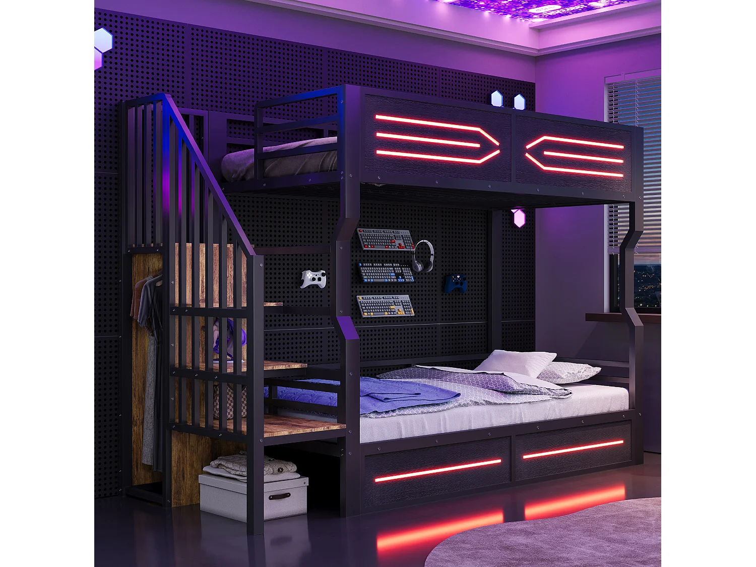 Smeedijzeren stapelbed voor kinderen - 2 x 90 x 200 cm - met LED-verlichting + opbergladder - MDF + metaal - zwart