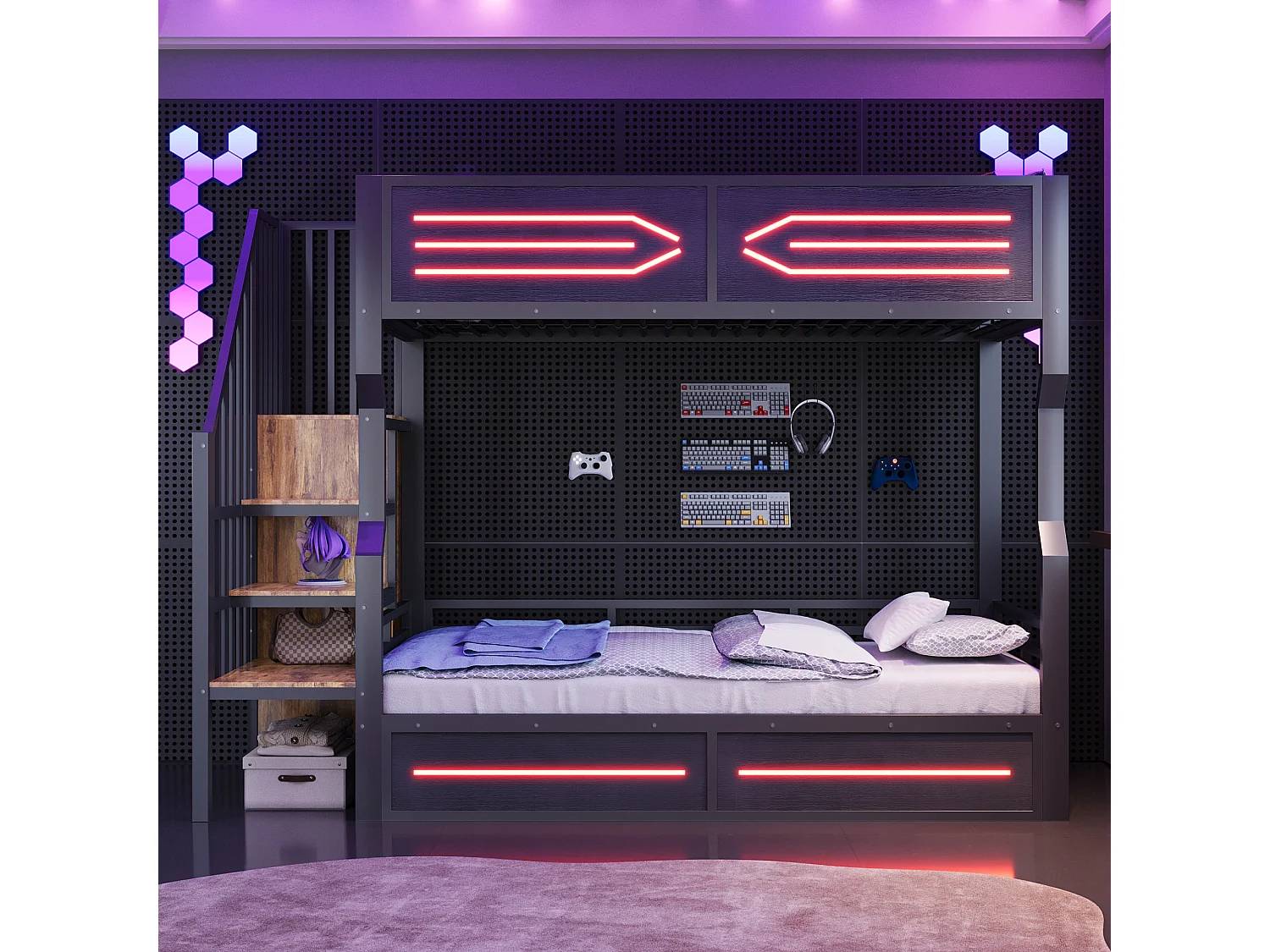 Smeedijzeren stapelbed voor kinderen - 2 x 90 x 200 cm - met LED-verlichting + opbergladder - MDF + metaal - zwart