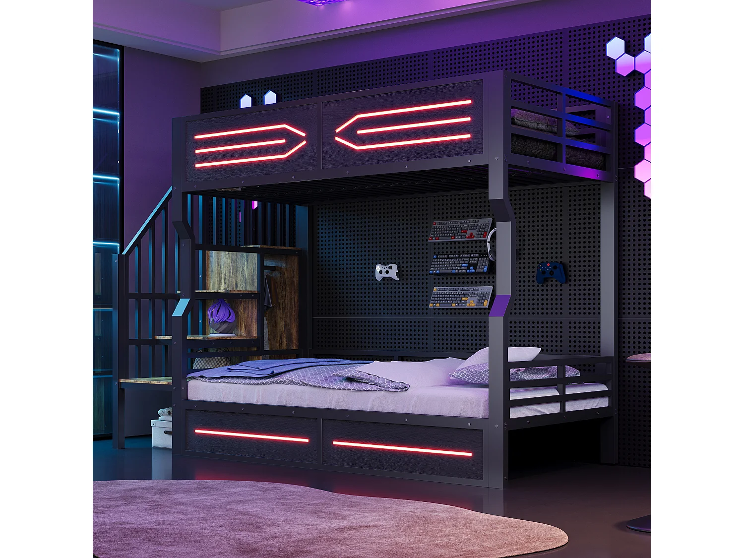 Smeedijzeren stapelbed voor kinderen - 2 x 90 x 200 cm - met LED-verlichting + opbergladder - MDF + metaal - zwart