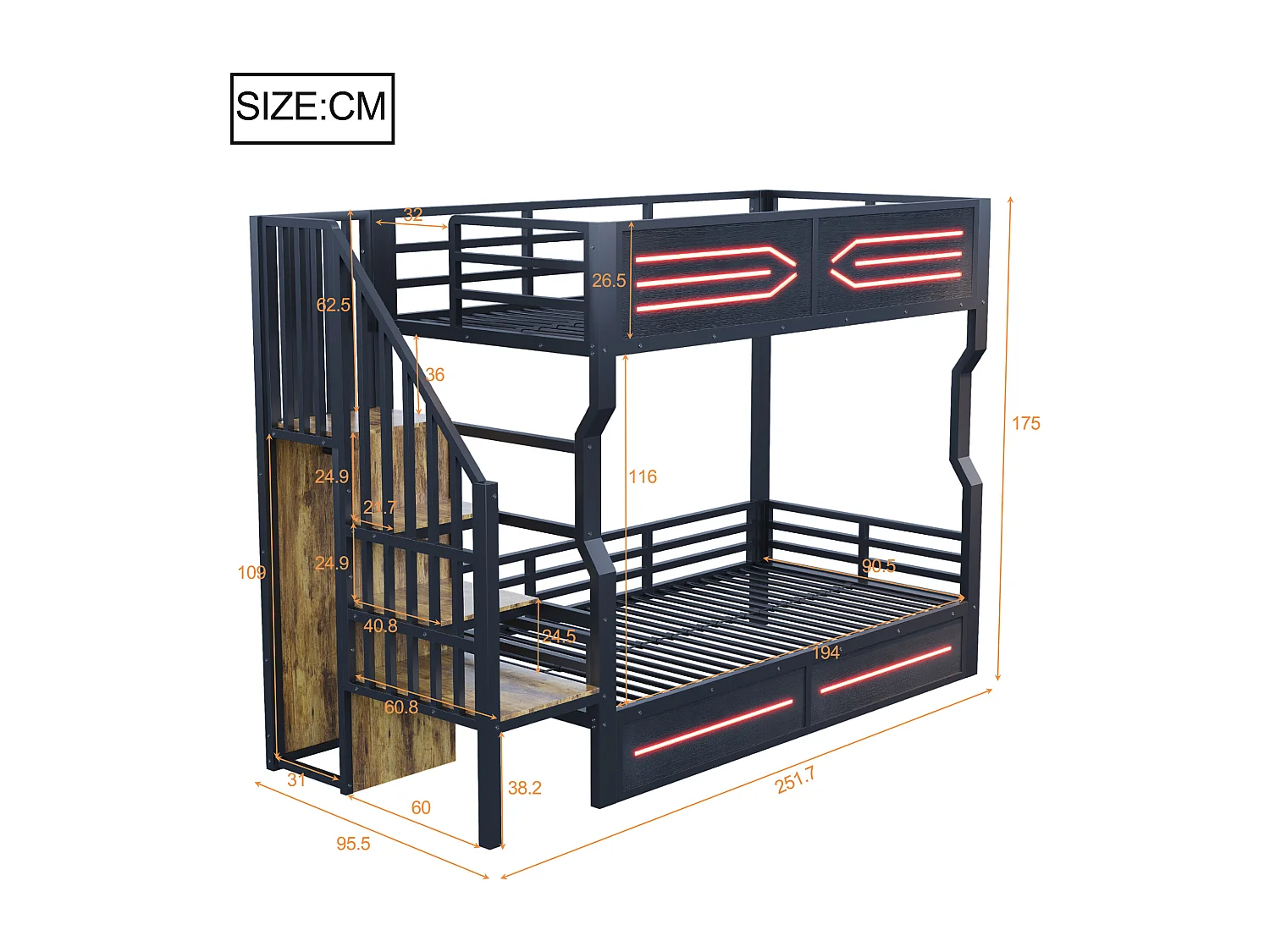 Smeedijzeren stapelbed voor kinderen - 2 x 90 x 200 cm - met LED-verlichting + opbergladder - MDF + metaal - zwart