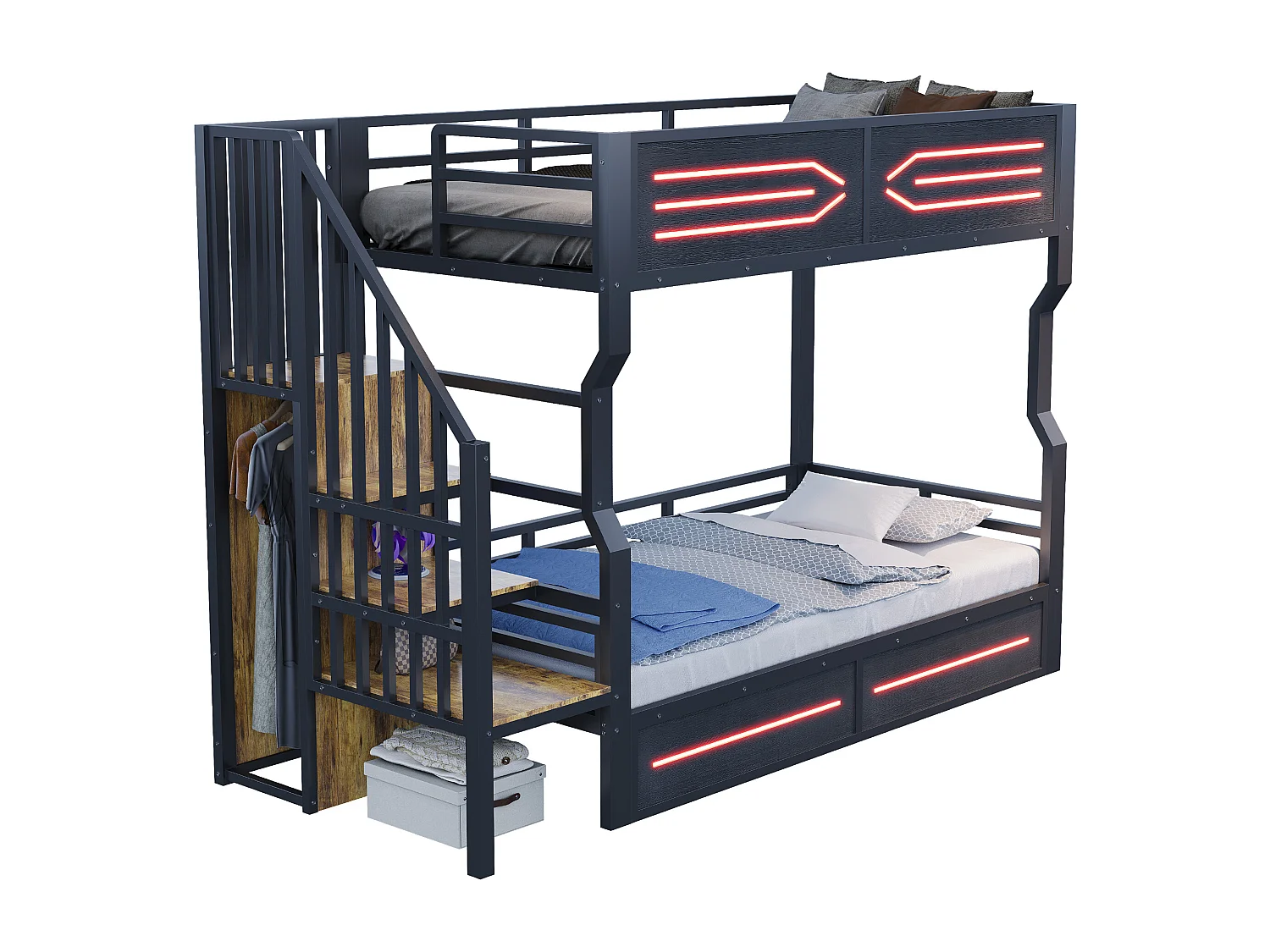 Smeedijzeren stapelbed voor kinderen - 2 x 90 x 200 cm - met LED-verlichting + opbergladder - MDF + metaal - zwart