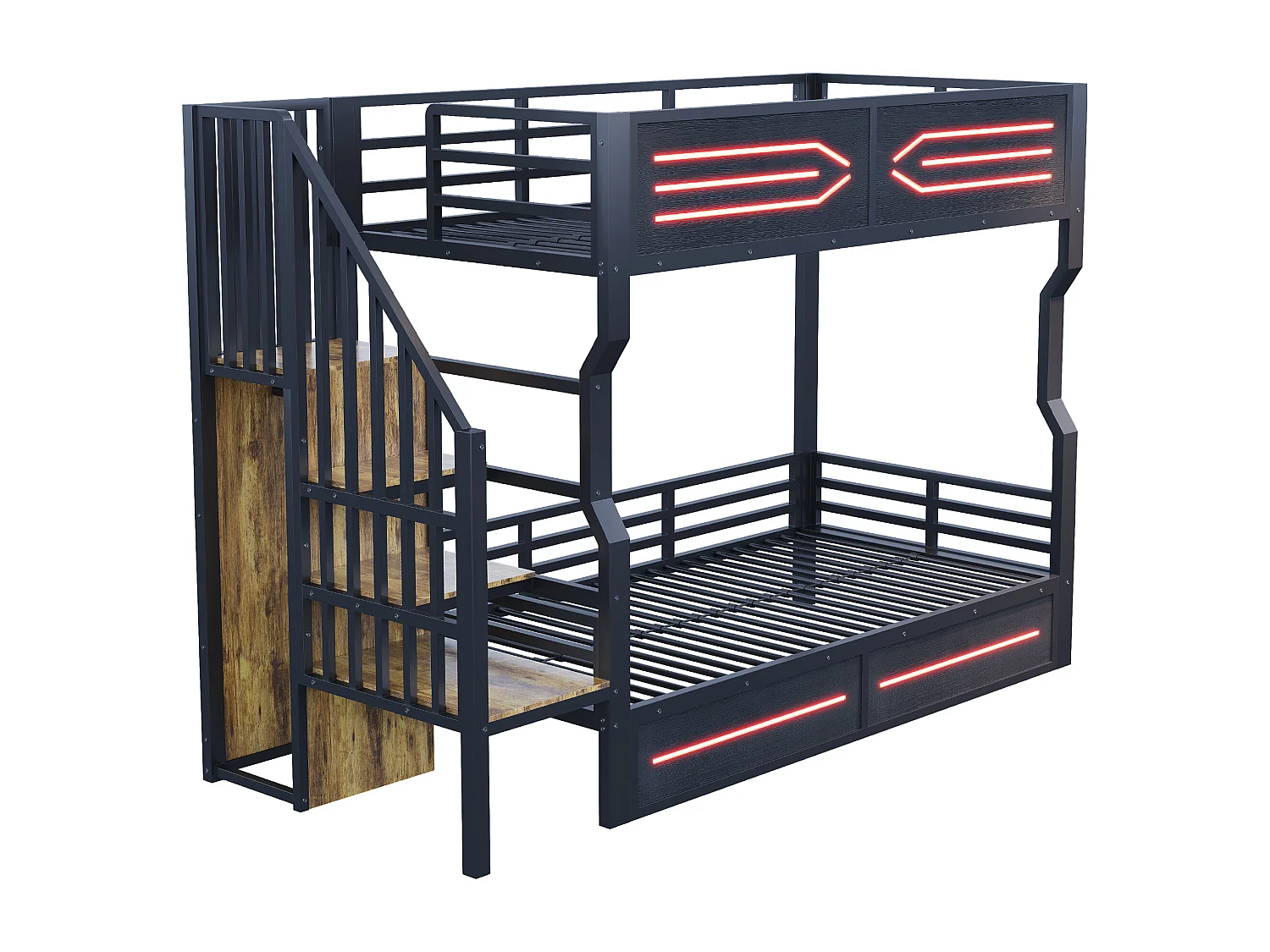 Smeedijzeren stapelbed voor kinderen - 2 x 90 x 200 cm - met LED-verlichting + opbergladder - MDF + metaal - zwart