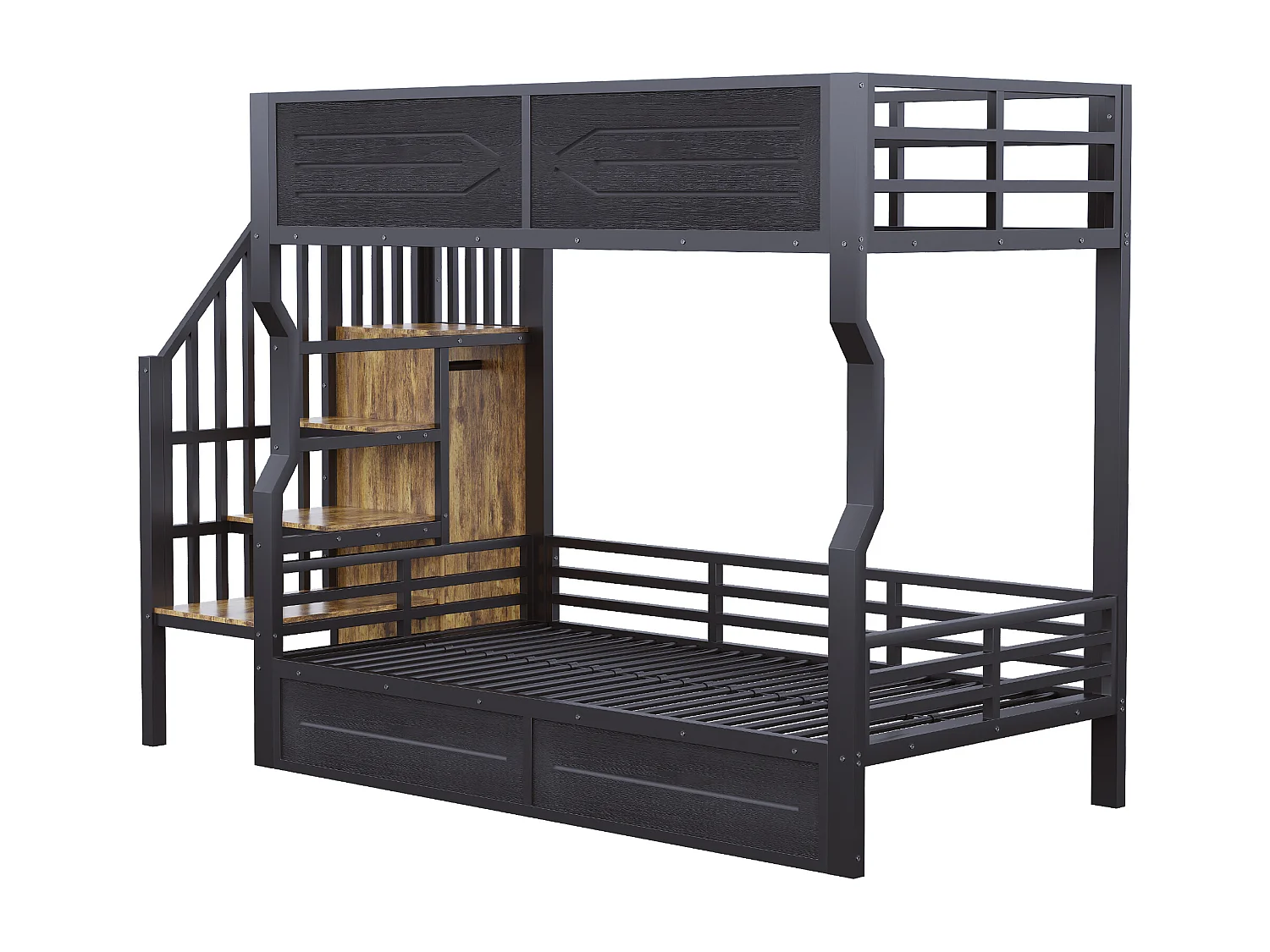 Smeedijzeren stapelbed voor kinderen - 2 x 90 x 200 cm - met LED-verlichting + opbergladder - MDF + metaal - zwart