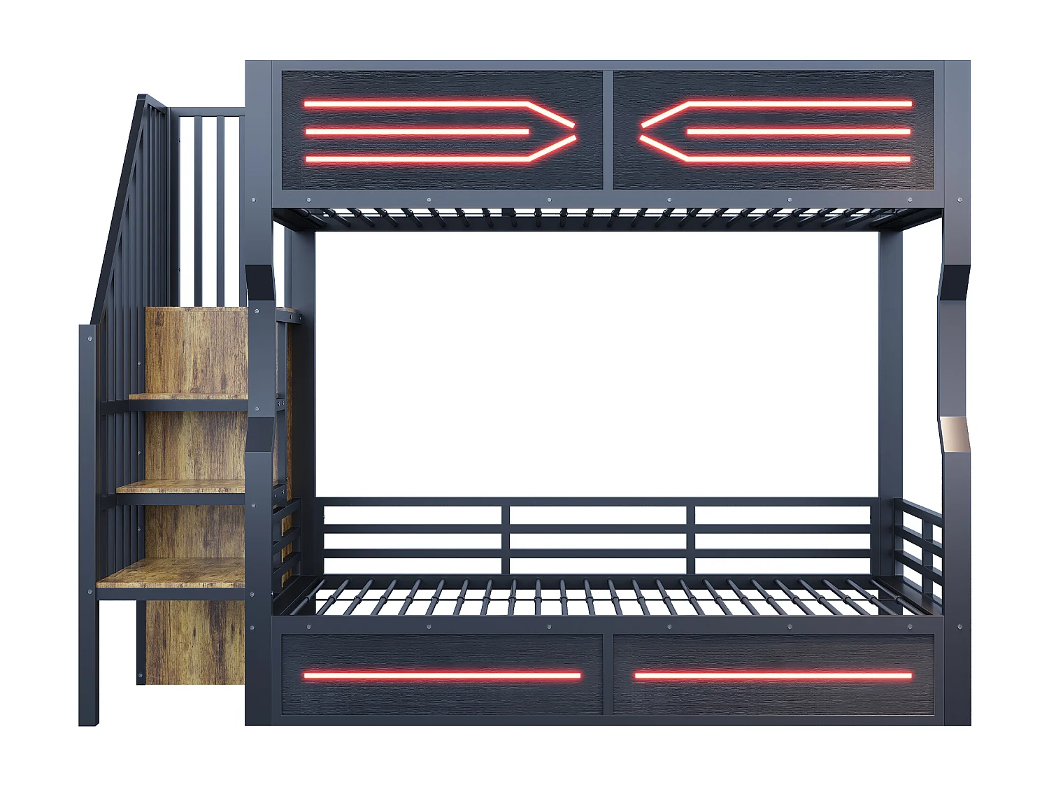 Smeedijzeren stapelbed voor kinderen - 2 x 90 x 200 cm - met LED-verlichting + opbergladder - MDF + metaal - zwart