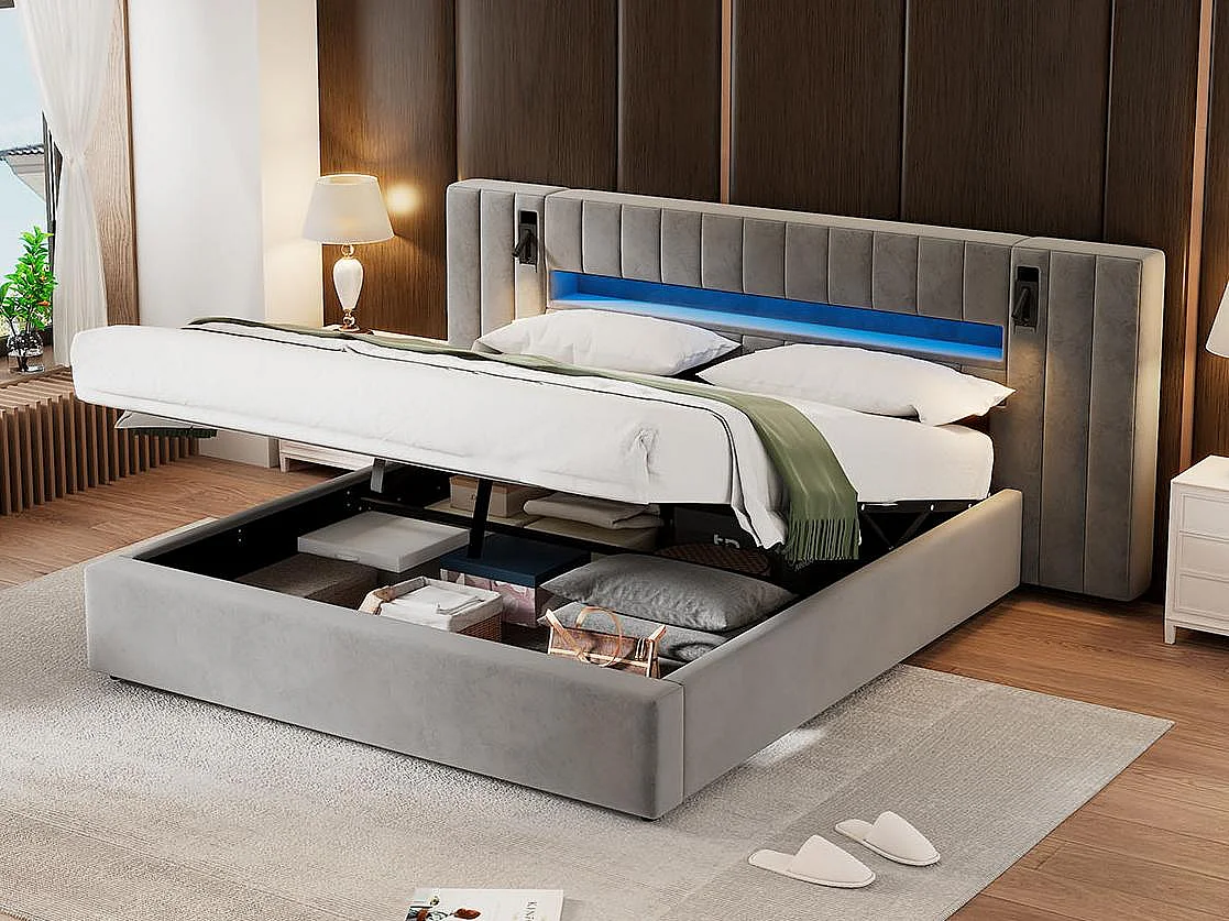 Letto contenitore Velvet - 180x200 cm - con LED e porta di ricarica - Grigio