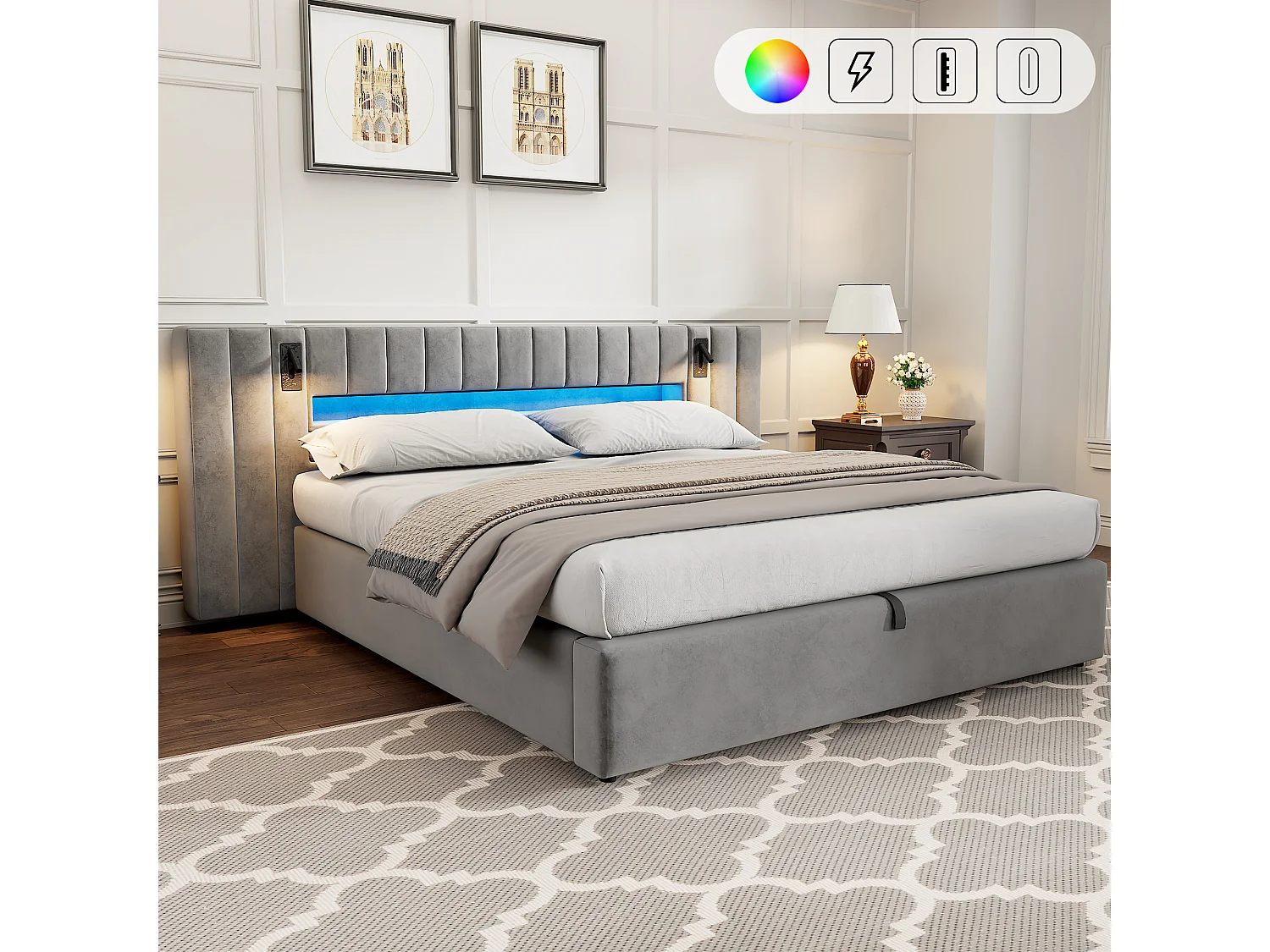 Letto contenitore Velvet - 180x200 cm - con LED e porta di ricarica - Grigio