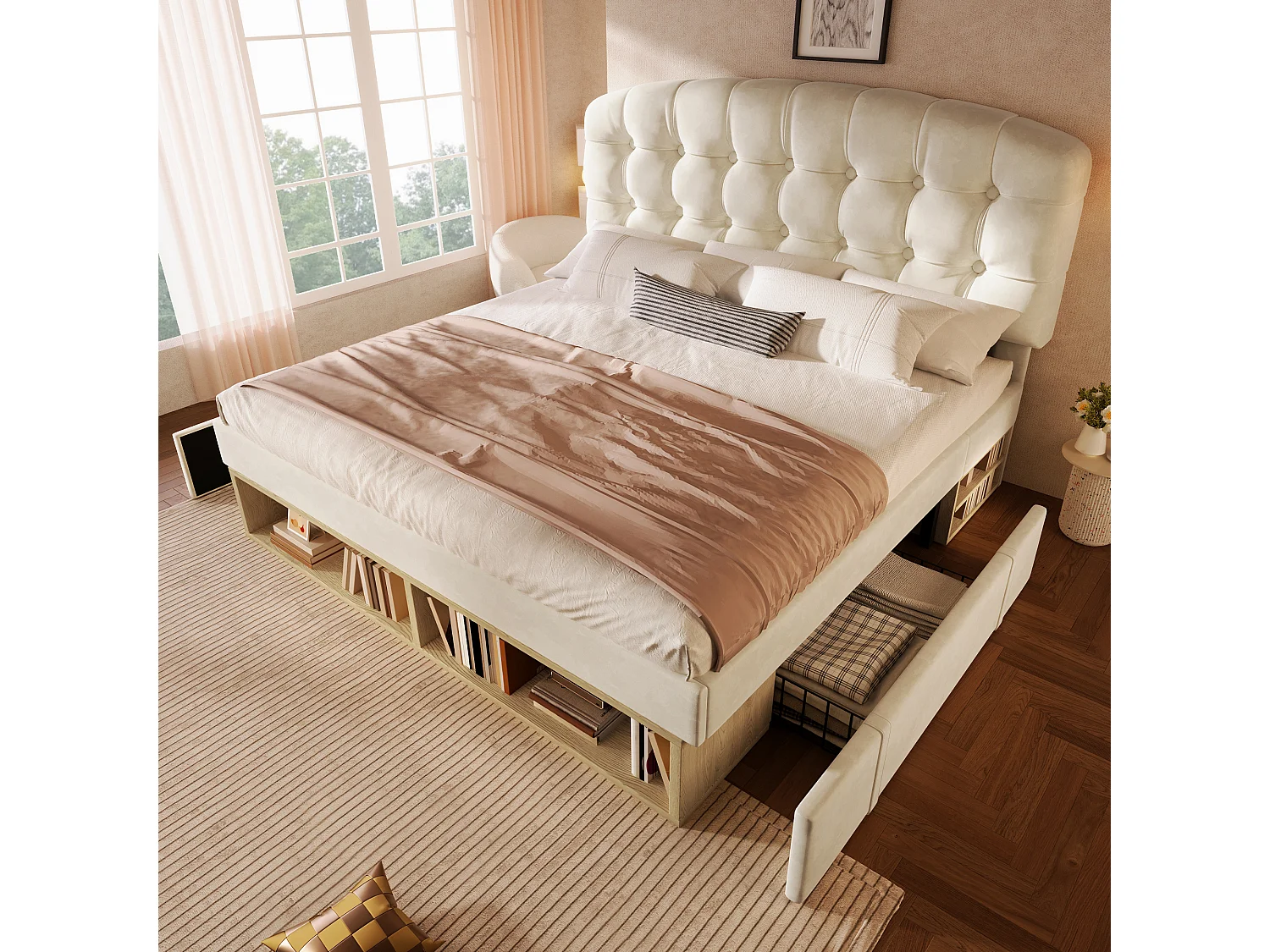 Lit coffre double - 140 x 190 cm - avec tête de lit réglable + tiroirs + étagères - velours - beige
