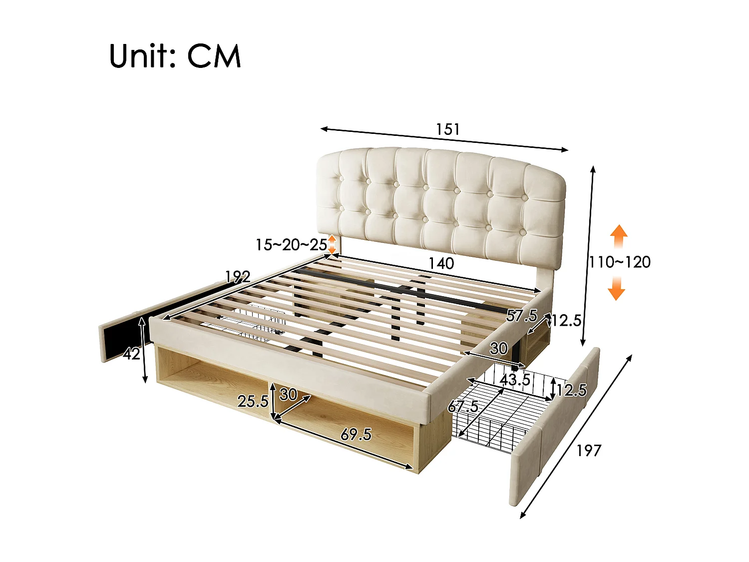 Lit coffre double - 140 x 190 cm - avec tête de lit réglable + tiroirs + étagères - velours - beige