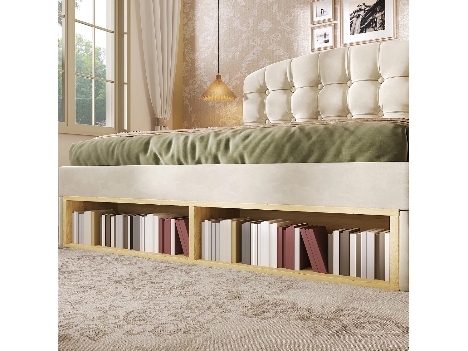 Lit coffre double - 140 x 190 cm - avec tête de lit réglable + tiroirs + étagères - velours - beige