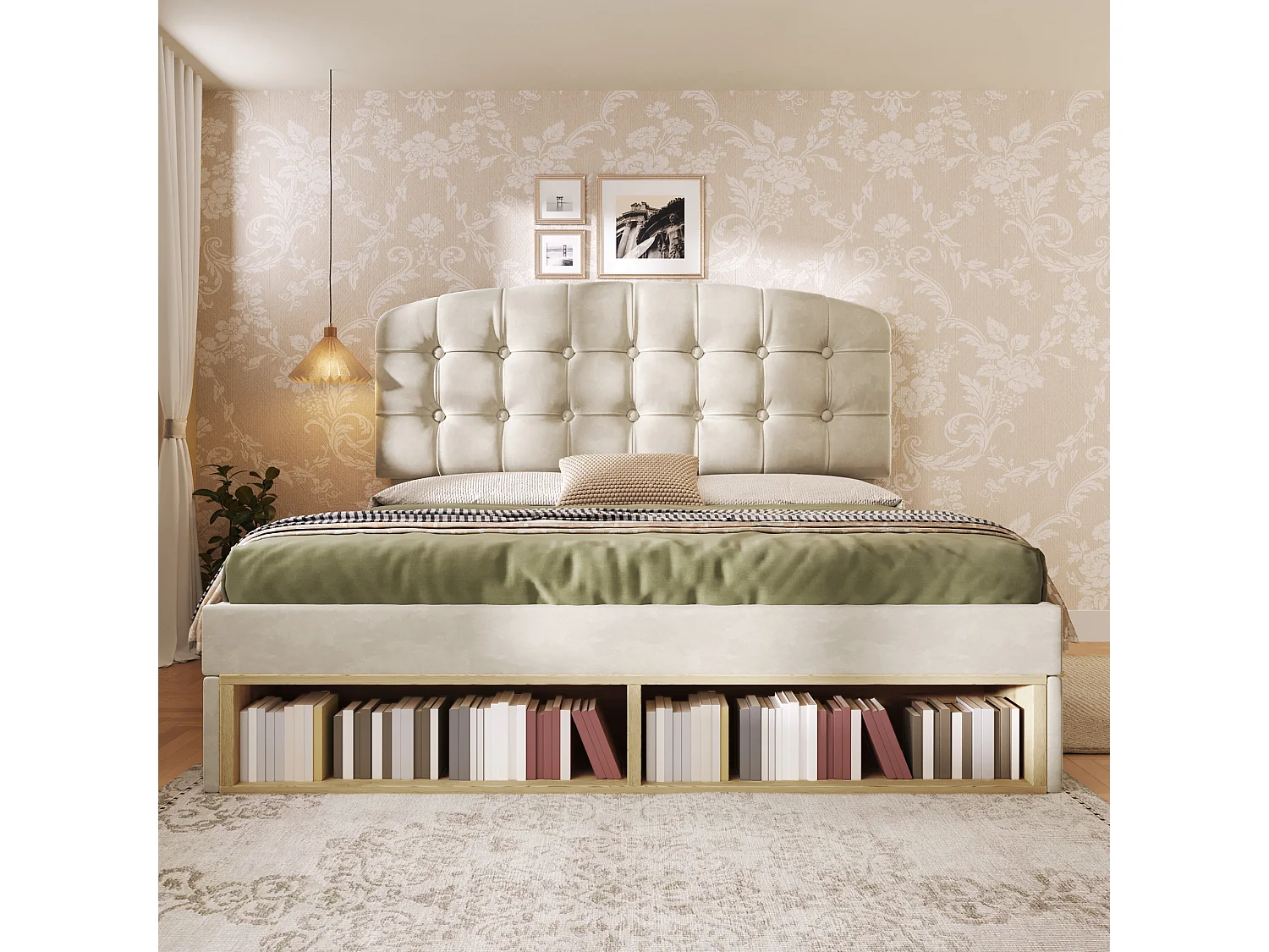 Lit coffre double - 140 x 190 cm - avec tête de lit réglable + tiroirs + étagères - velours - beige