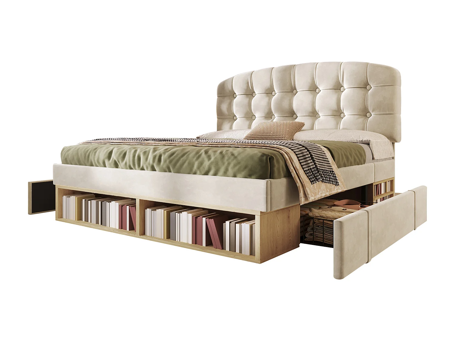 Lit coffre double - 140 x 190 cm - avec tête de lit réglable + tiroirs + étagères - velours - beige
