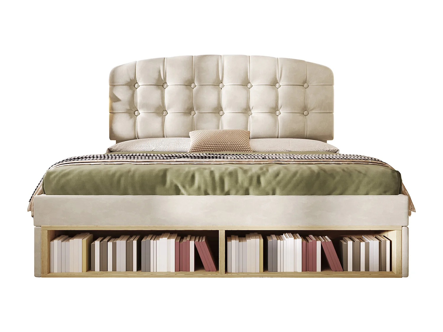 Lit coffre double - 140 x 190 cm - avec tête de lit réglable + tiroirs + étagères - velours - beige