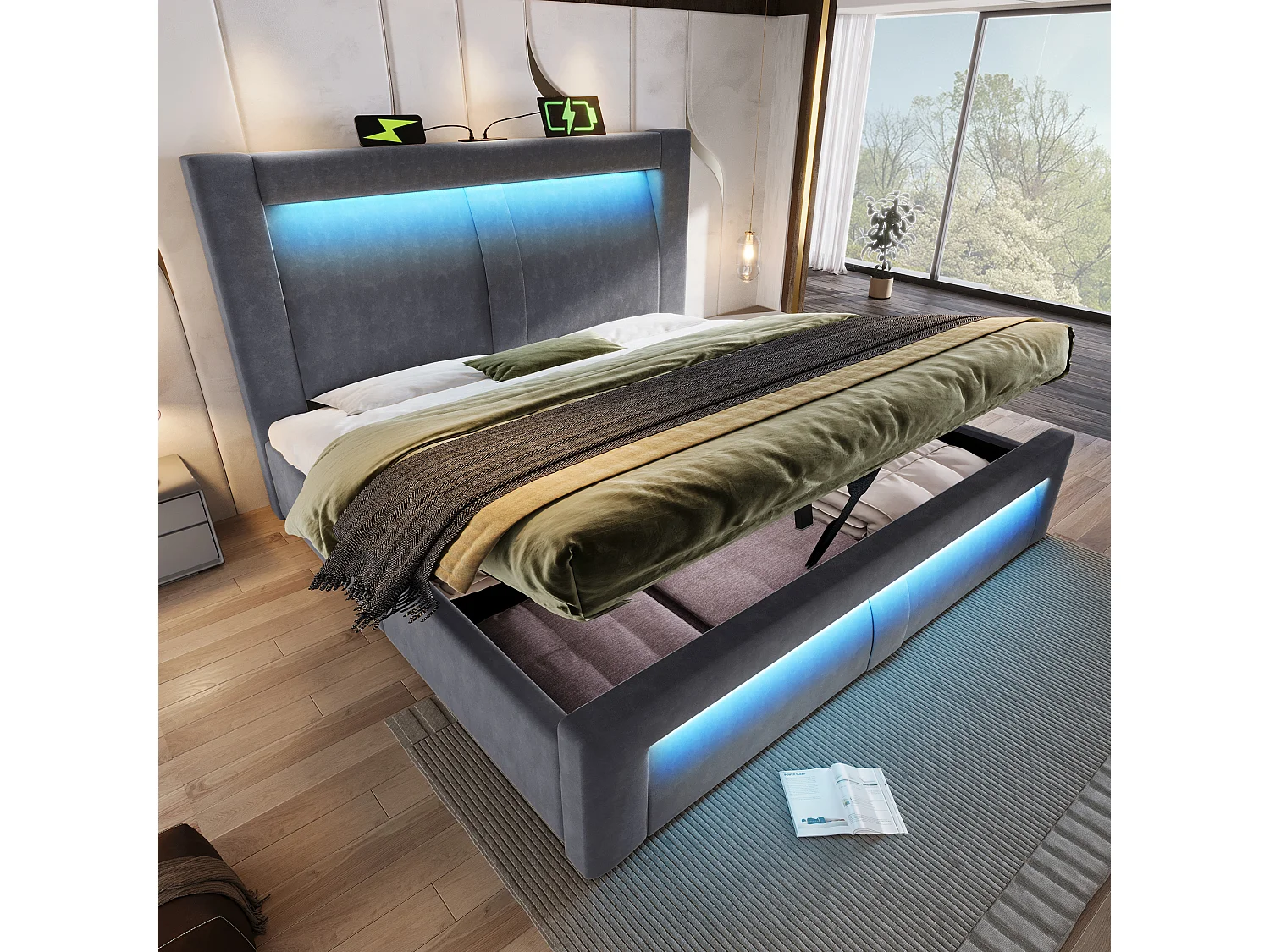 Letto matrimoniale contenitore - 140 x 200 cm - con meccanismo idraulico + LED + USB e Type-C + testiera - velluto - grigio