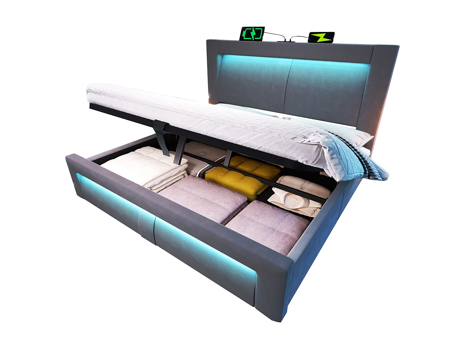 Letto matrimoniale contenitore - 140 x 200 cm - con meccanismo idraulico + LED + USB e Type-C + testiera - velluto - grigio