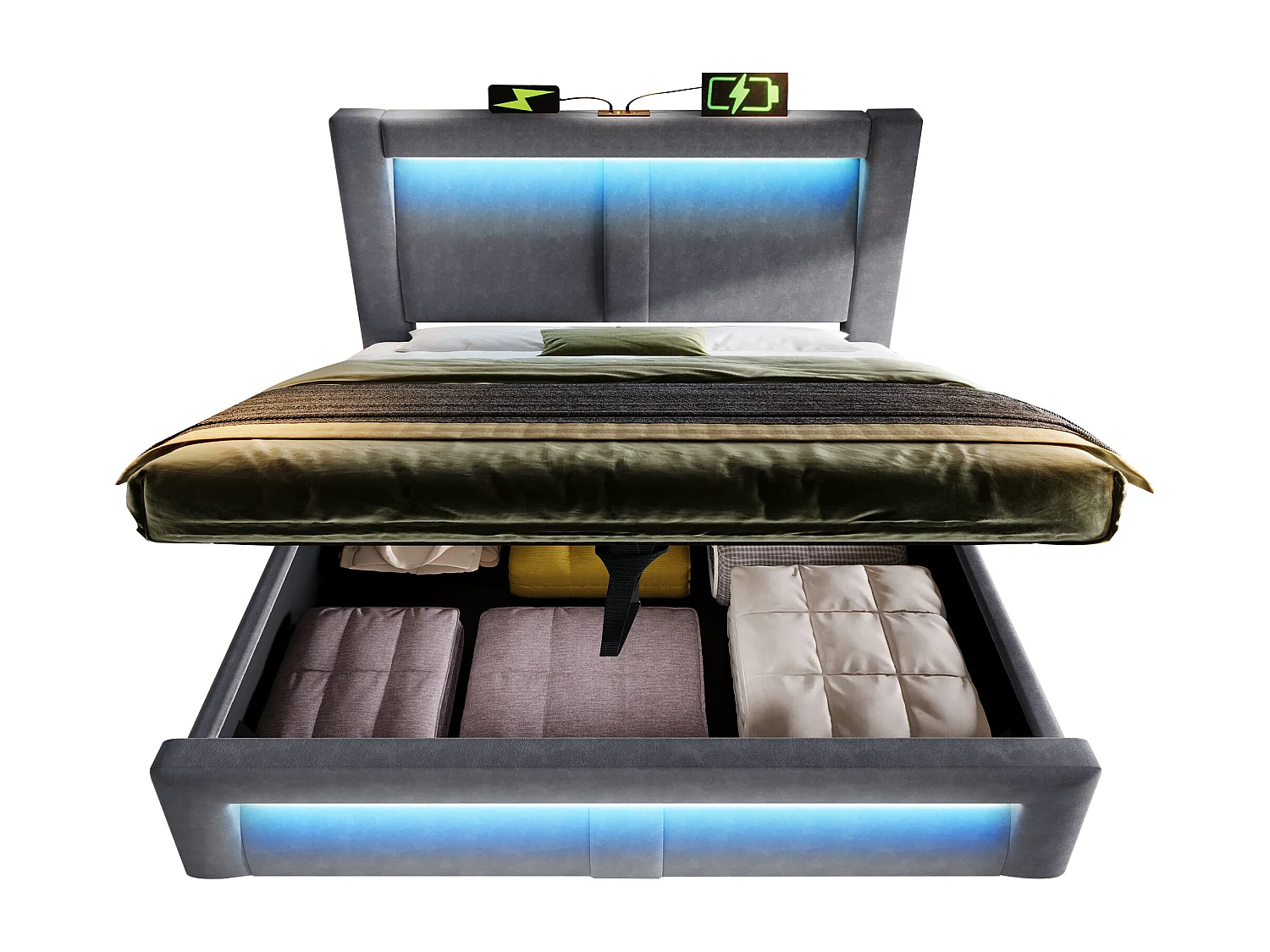 Letto matrimoniale contenitore - 140 x 200 cm - con meccanismo idraulico + LED + USB e Type-C + testiera - velluto - grigio