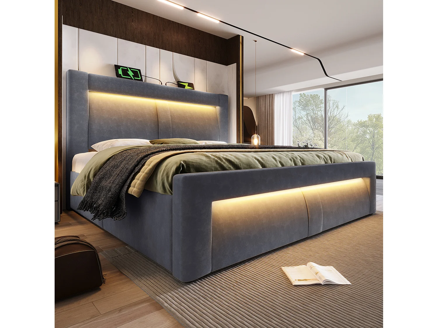 Letto matrimoniale contenitore - 140 x 200 cm - con meccanismo idraulico + LED + USB e Type-C + testiera - velluto - grigio