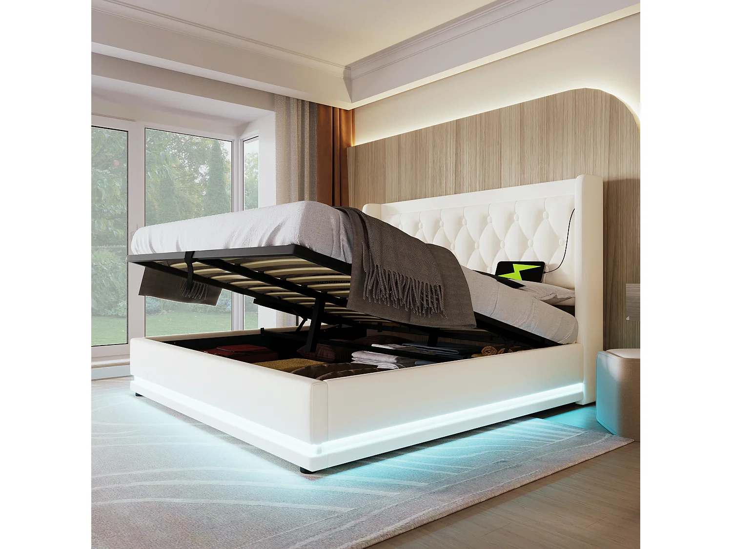 Lit coffre double capitonné - 180 x 200 cm - avec tête de lit + USB + Leds + rangement hydraulique - Coton - blanc