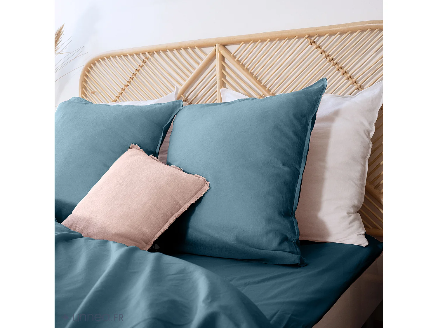 Parure de lit 260x240 cm coton lin lavé LINO bleu marine 3 pièces