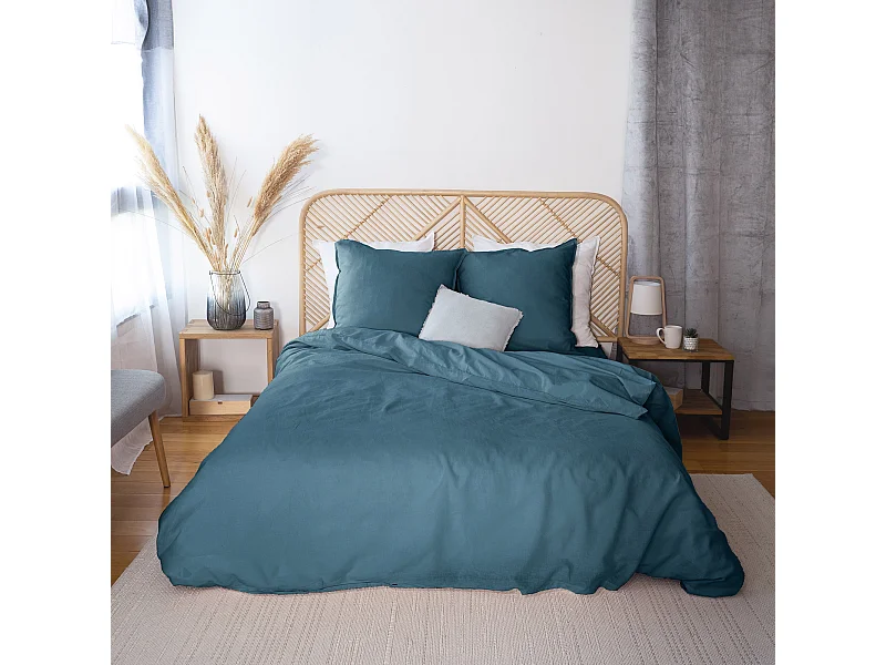 Parure de lit 260x240 cm coton lin lavé LINO bleu marine 3 pièces