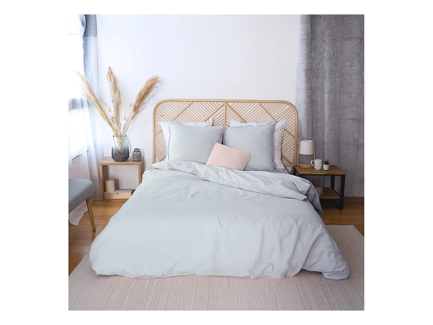 Parure de lit 260x240 cm coton lin lavé LINO gris 3 pièces
