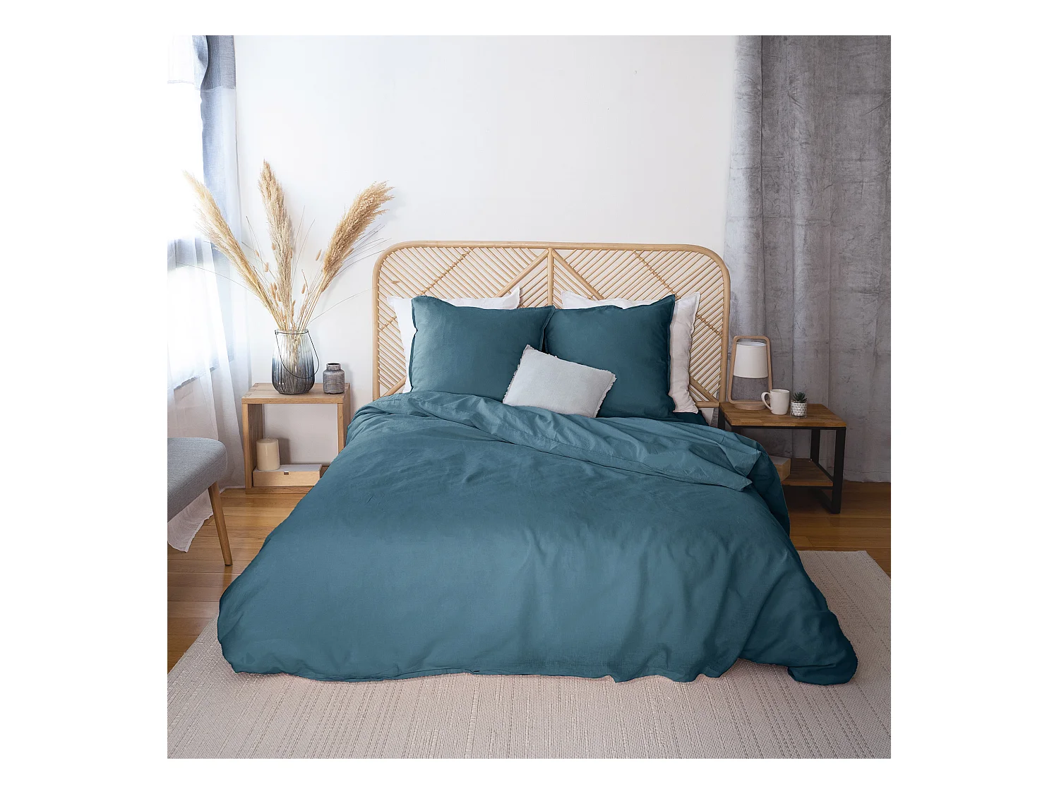Parure de lit 240x220 cm coton lin lavé LINO bleu marine 3 pièces