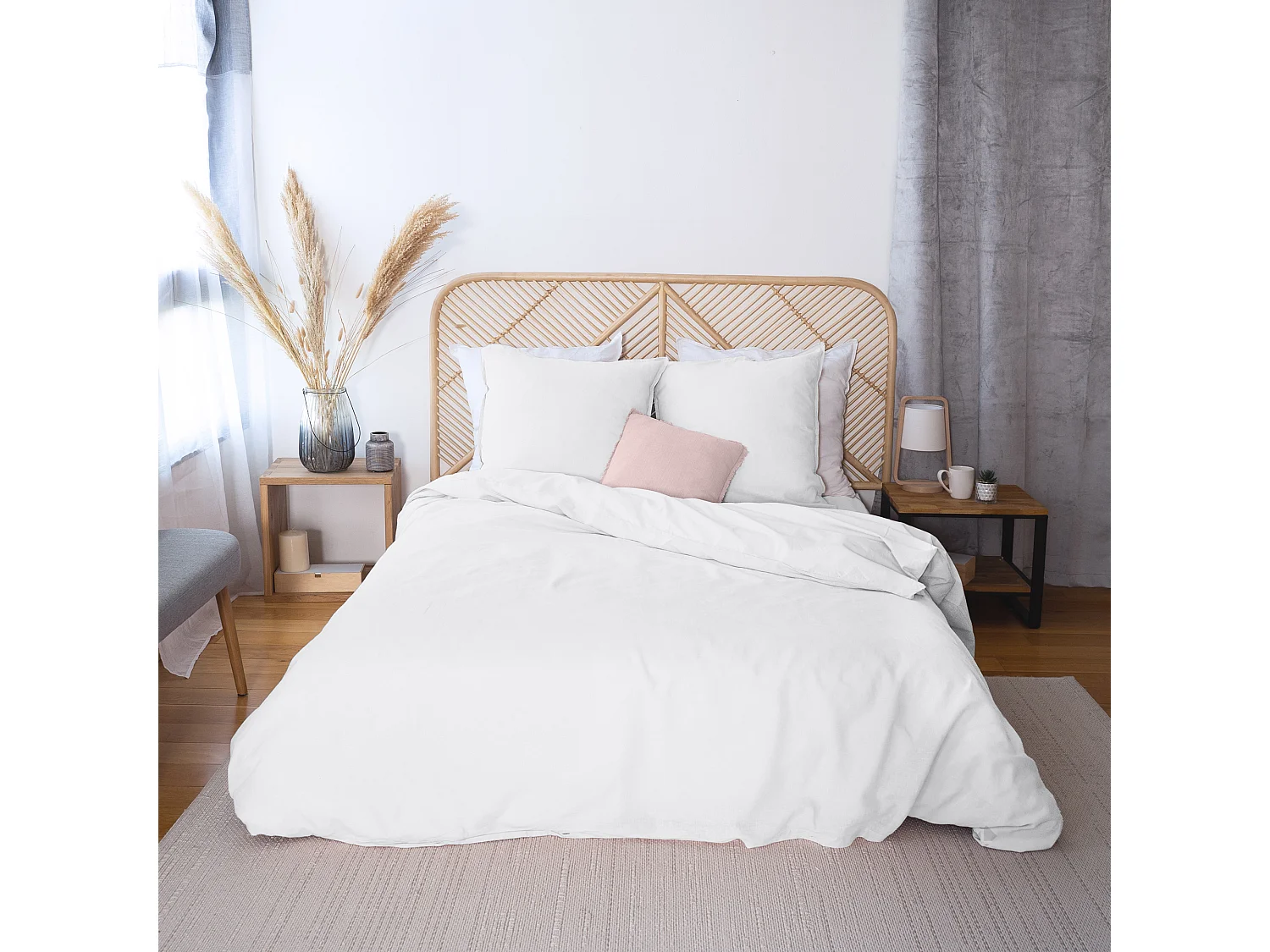 Parure de lit 240x220 cm coton lin lavé LINO blanc 3 pièces