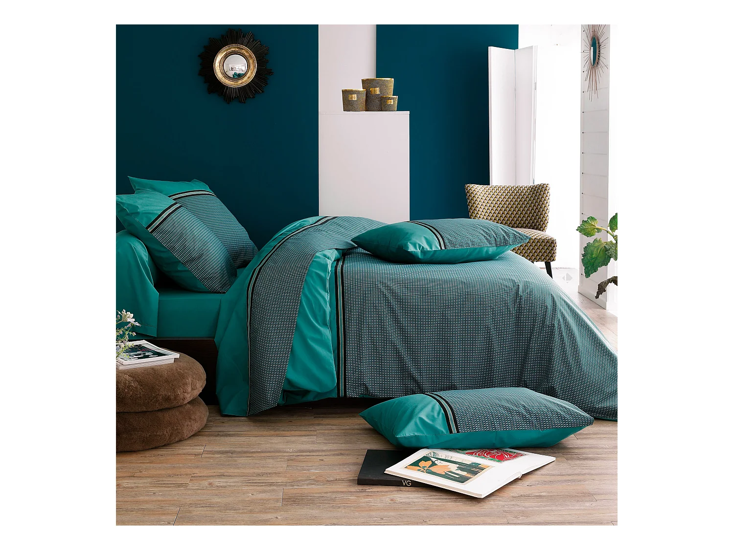 Parure de lit 200x200 cm percale de coton GUSTAV vert Emeraude 3 pièces