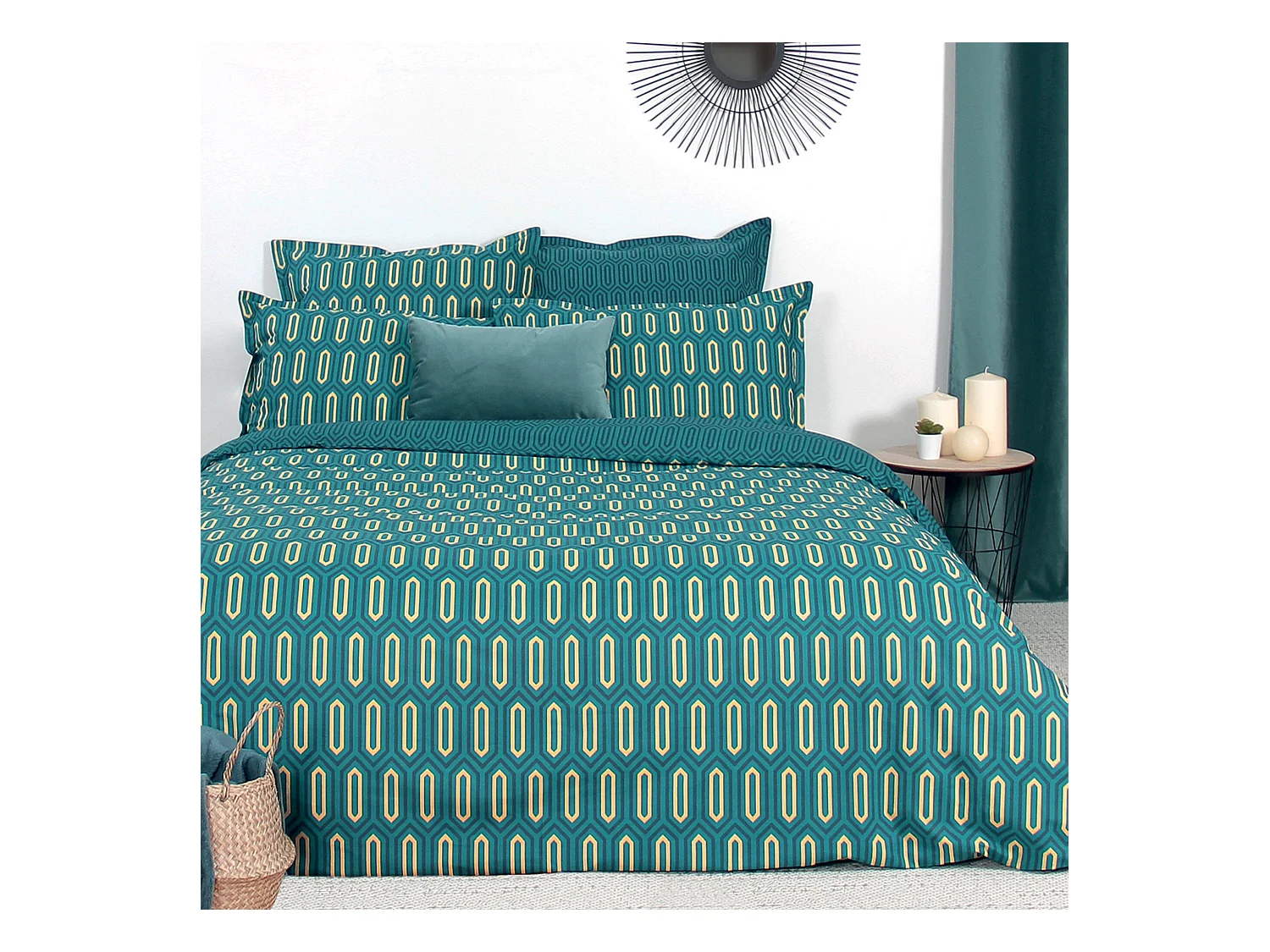 Parure de lit 200x200 cm percale de coton PAST Bleu Canard